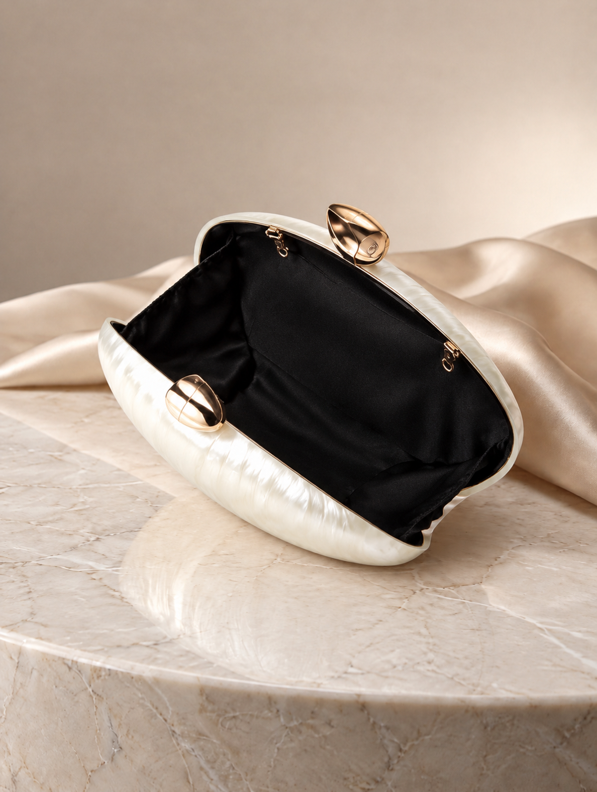 BOLODOO Ivory Pearlescent Oval Clutch with Gold-Tone Clasp 