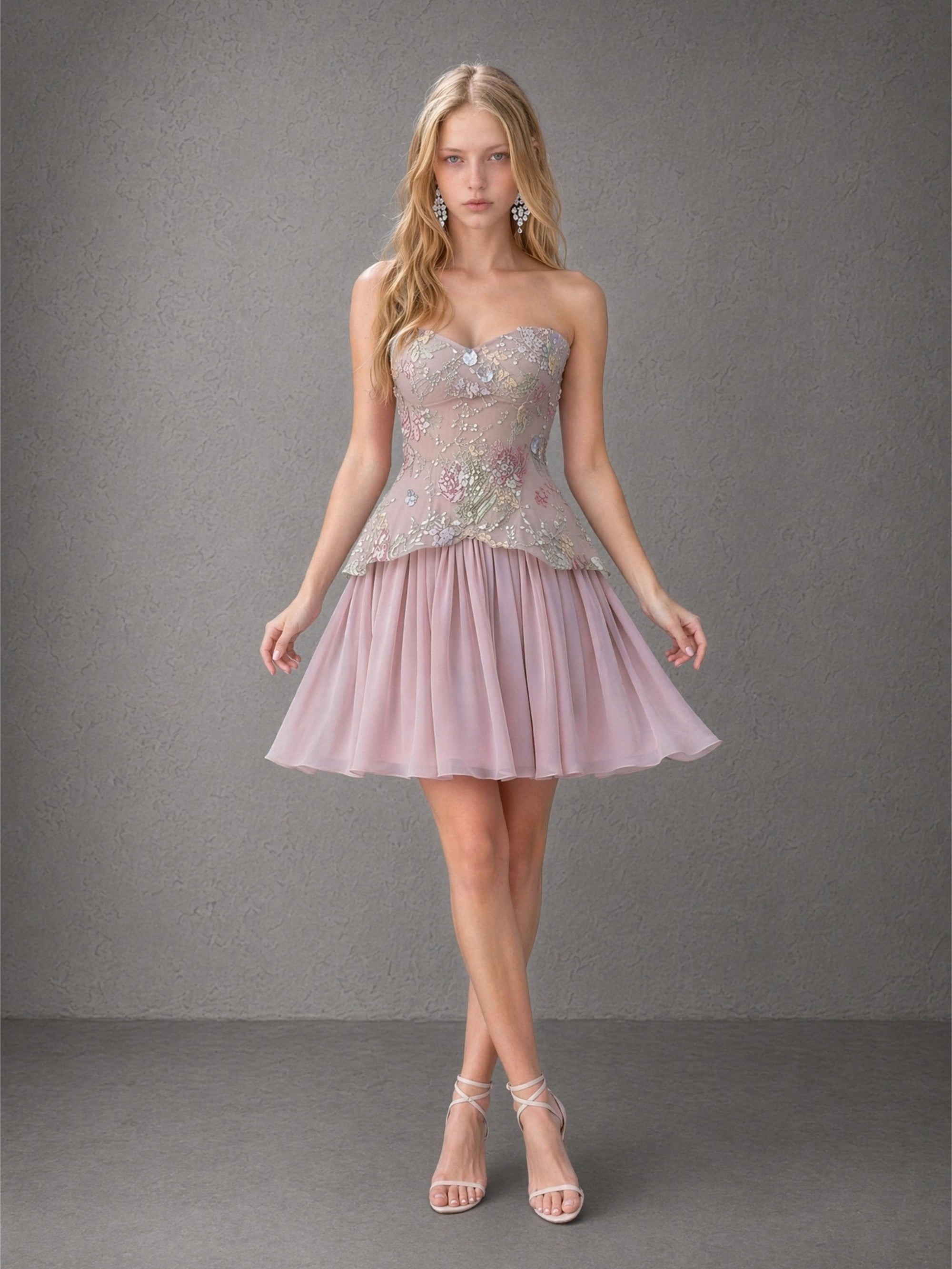 BOLODOO mauve embroidered corset mini dress - front full length view with heels showing complete silhouette