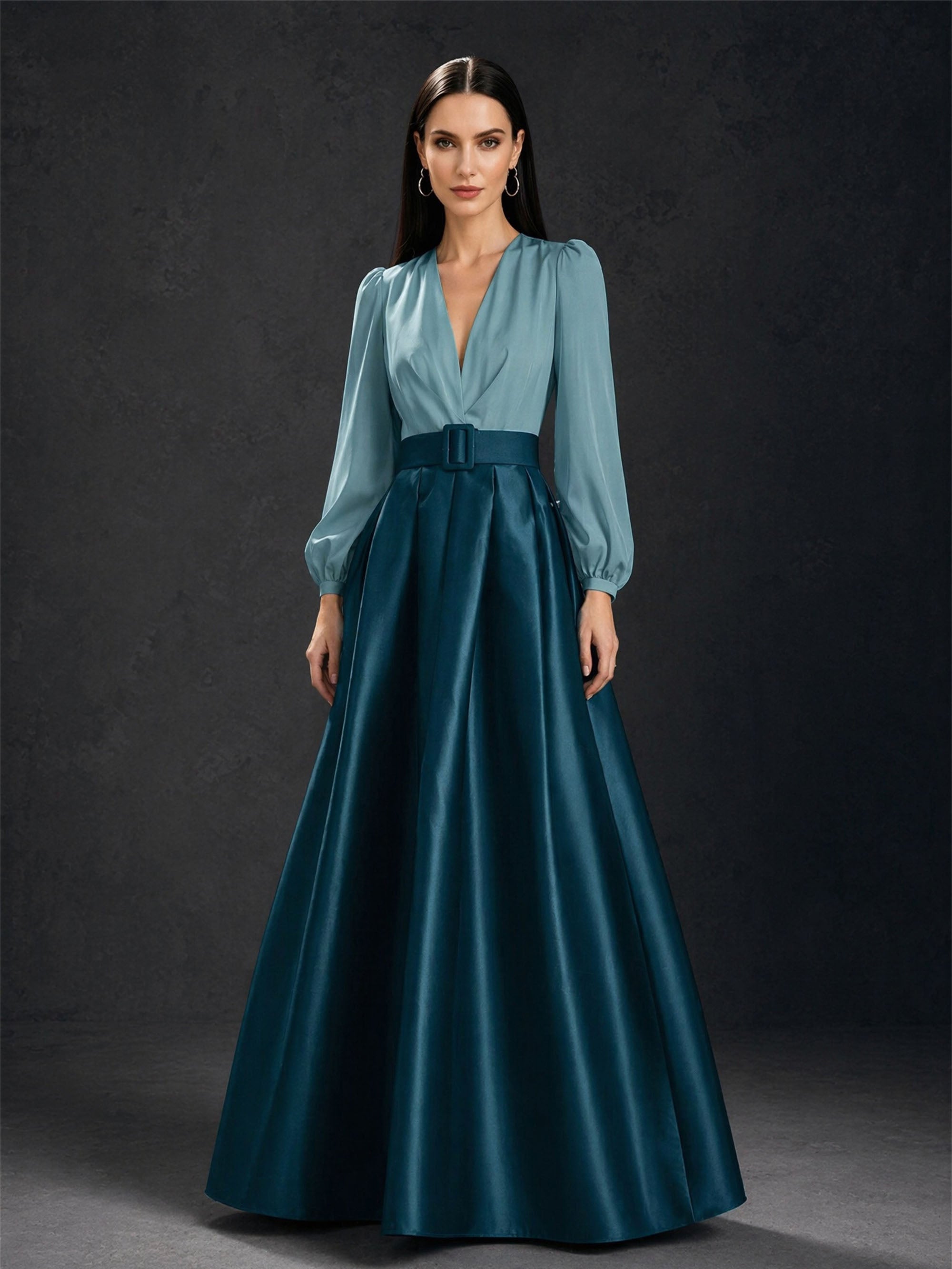 BOLODOO Two-Tone Dusty Blue Teal V-Neck Lantern Sleeve Satin A-Line Gown – Front View Upper Body Close-Up