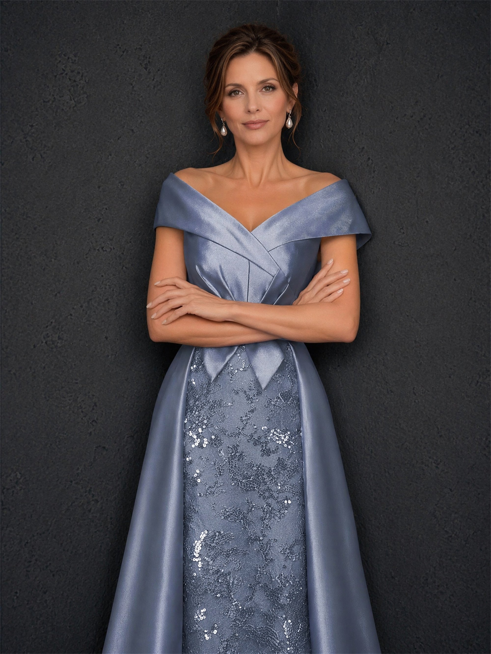 BOLODOO steel blue satin sequin lace gown - front close-up showing draped off-shoulder neckline, cap sleeve and bow waist detail
