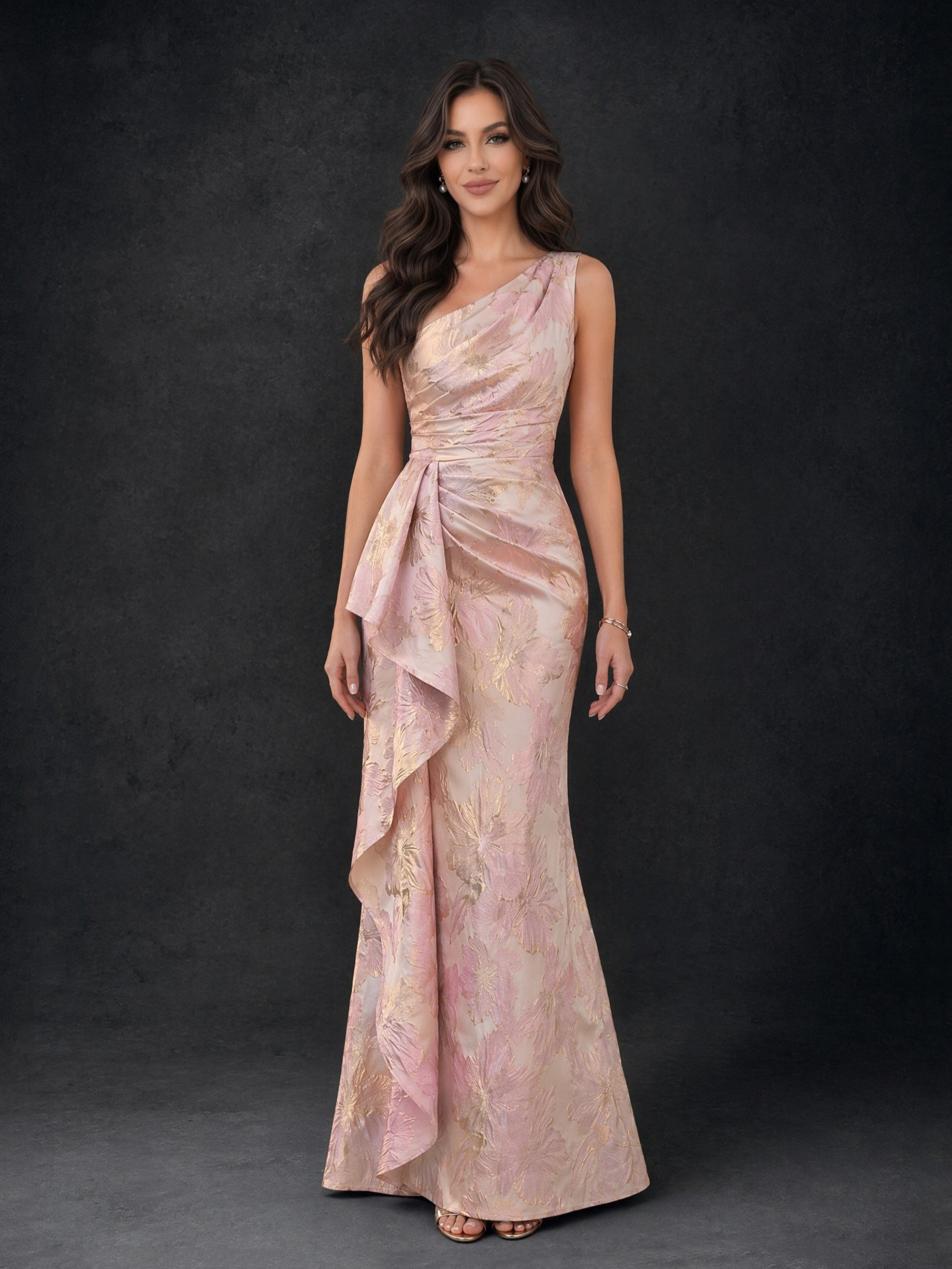 BOLODOO blush pink gold jacquard one-shoulder ruched ruffle mermaid maxi dress - front full length view