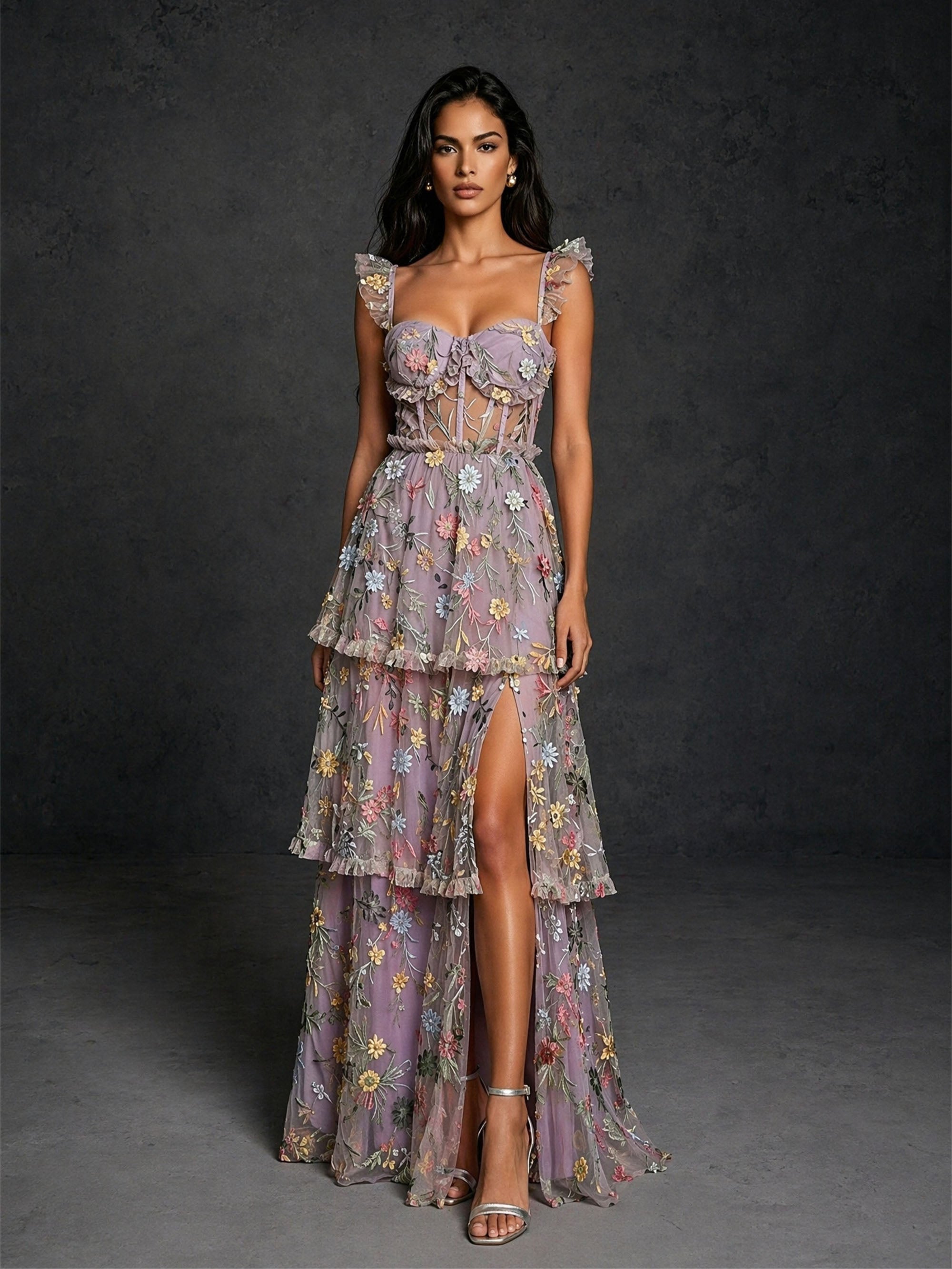 BOLODOO Lavender Floral Embroidered Tulle Tiered Maxi Dress - Front Full Length View showing Front Slit