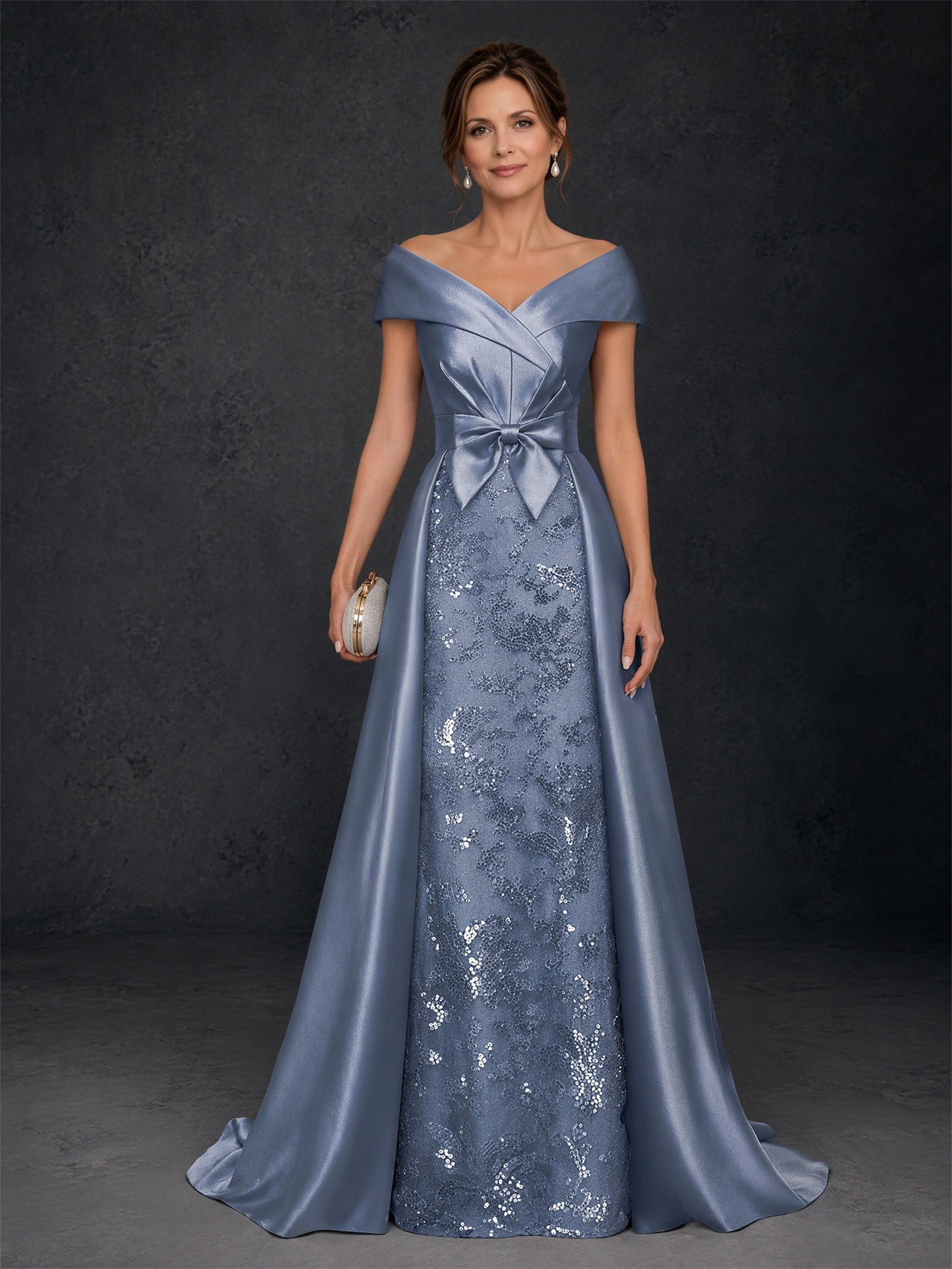 BOLODOO steel blue off-shoulder satin sequin lace mermaid gown - front full body view showing bow waist detail, sequin lace sheath and detachable satin overskirt