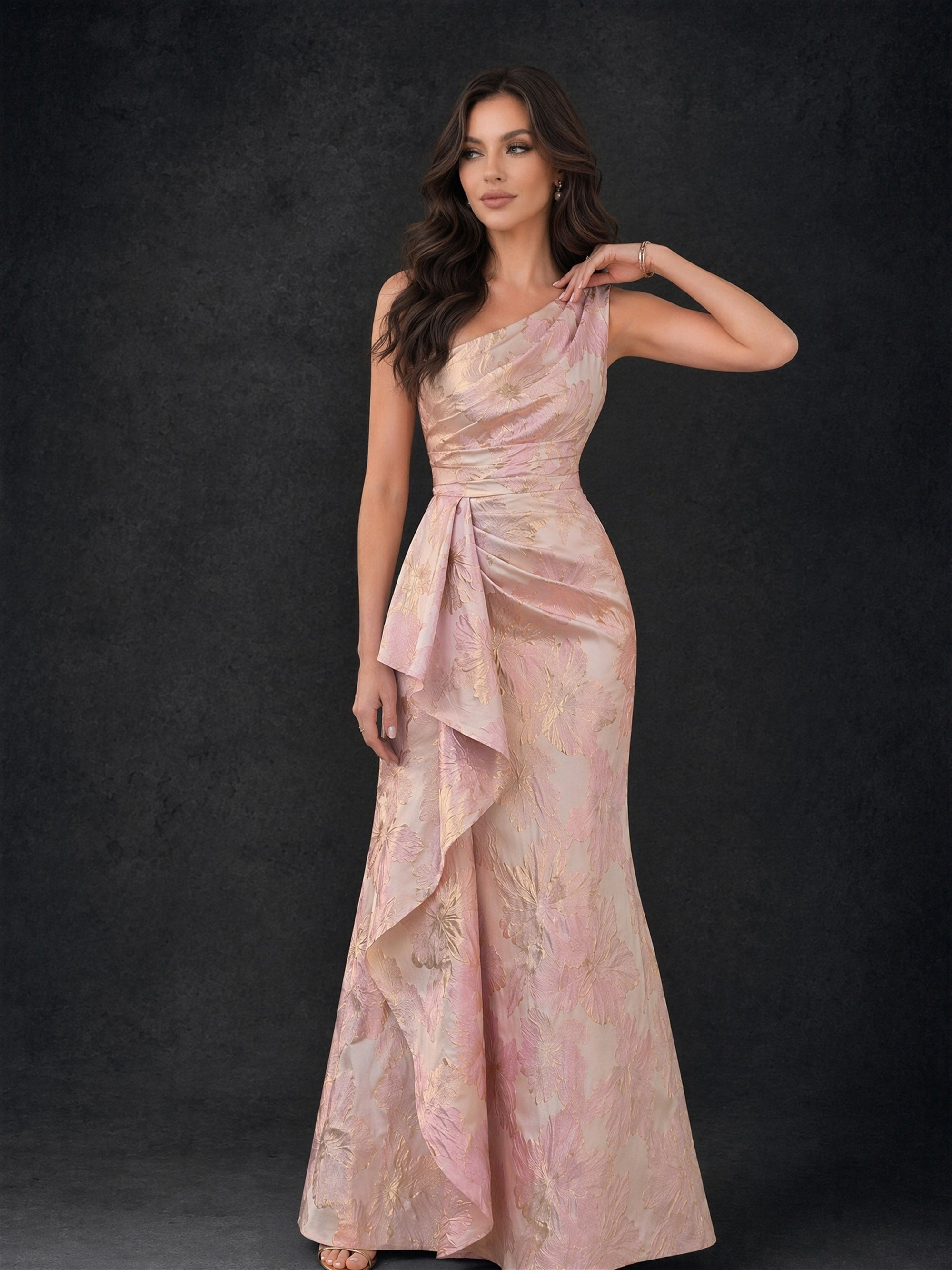 BOLODOO blush pink gold jacquard one-shoulder ruched ruffle mermaid maxi dress - front three-quarter view arm raised