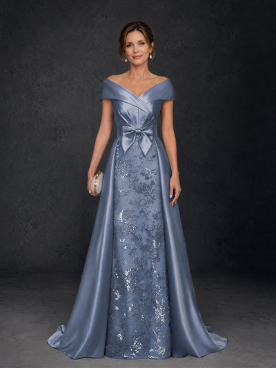 BOLODOO Dusty Blue Off-Shoulder Satin & Sequin Lace Mermaid Gown – Cap Sleeve Bow Lace-Up Back Floor Length Dress with D