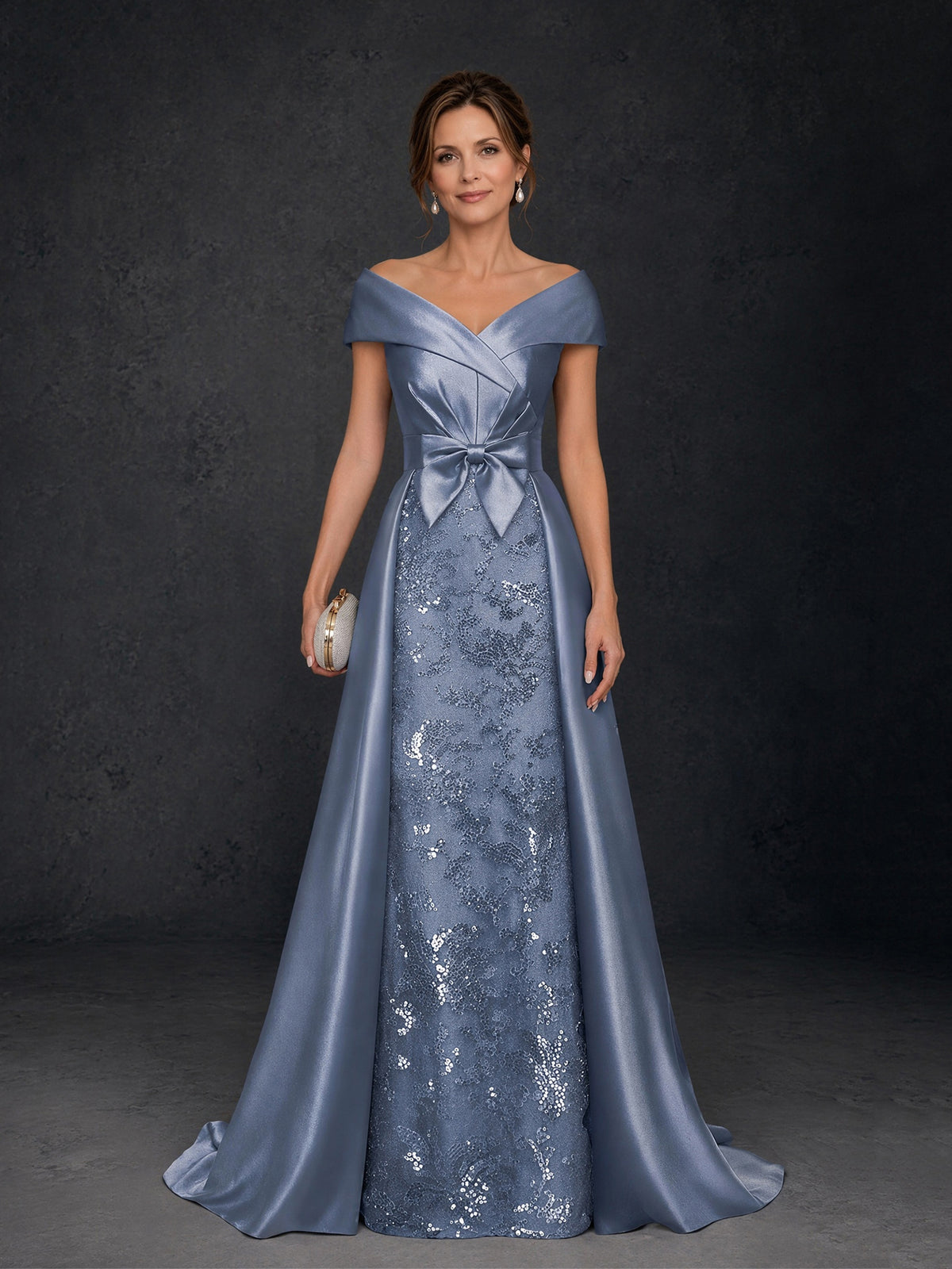 BOLODOO Dusty Blue Off-Shoulder Satin & Sequin Lace Mermaid Gown – Cap Sleeve Bow Lace-Up Back Floor Length Dress with D