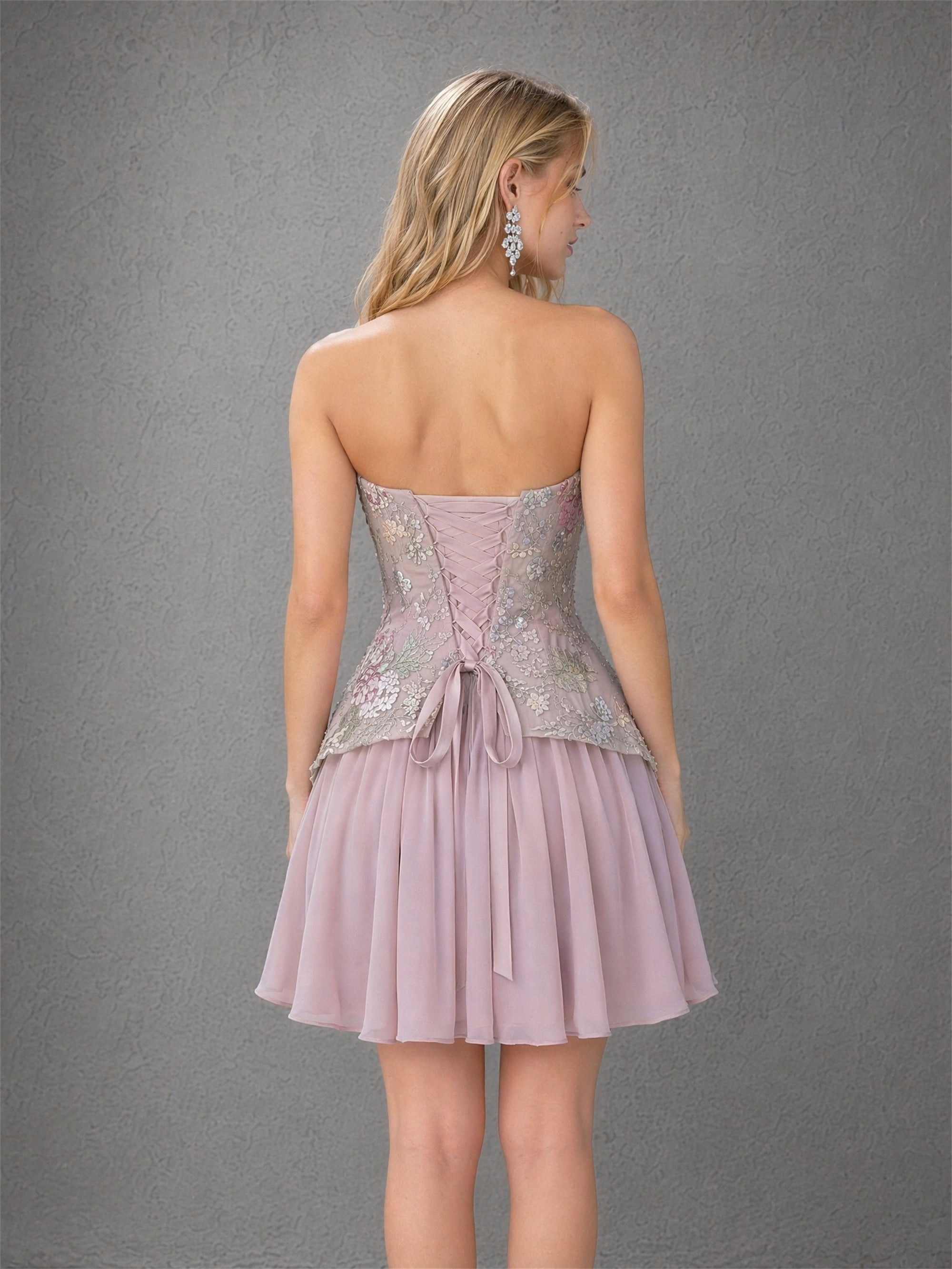 BOLODOO mauve embroidered corset mini dress - front full length view showing chiffon skirt movement