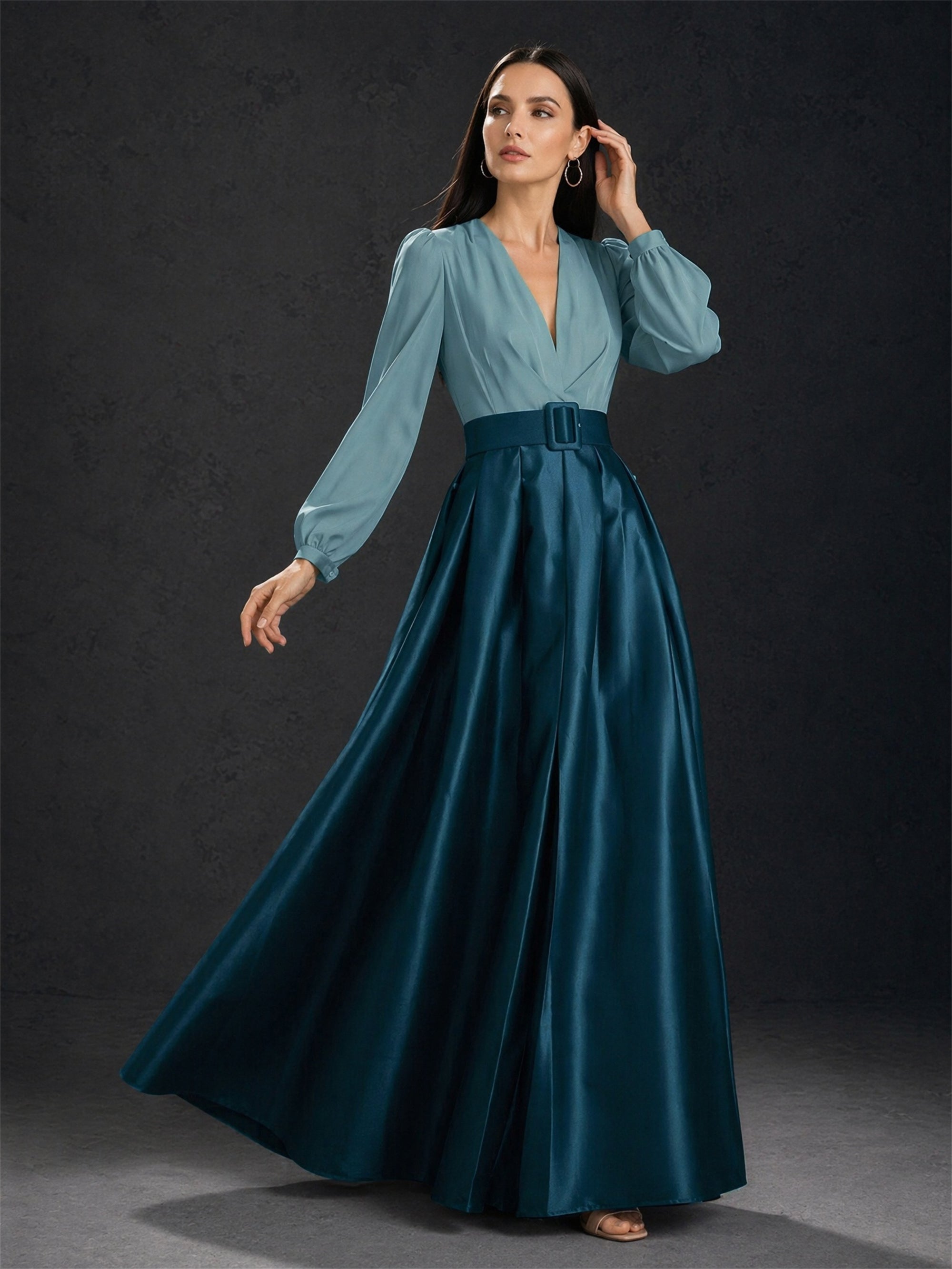 BOLODOO Two-Tone Dusty Blue Teal V-Neck Lantern Sleeve Satin A-Line Gown – Front View Full Length