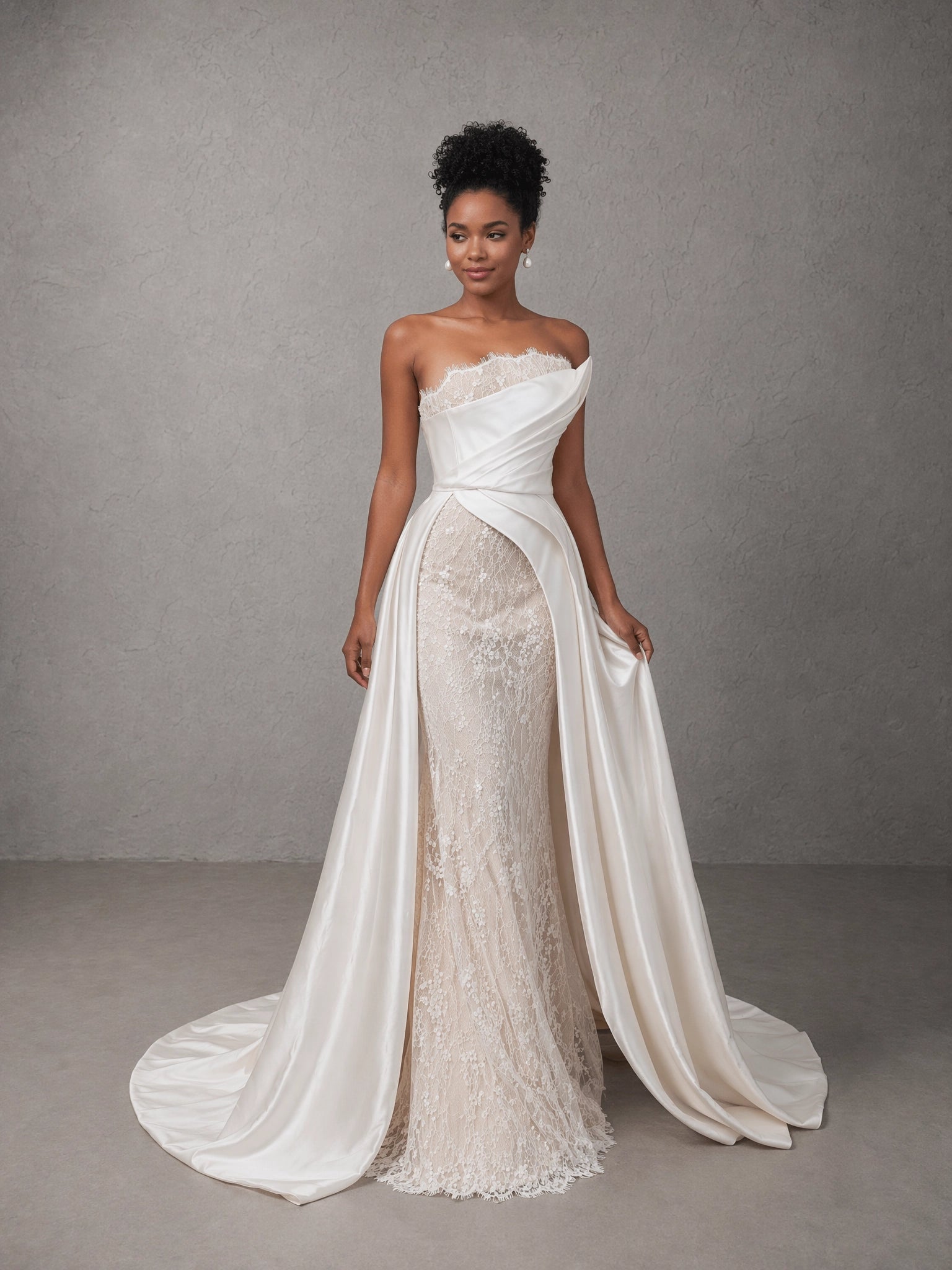 BOLODOO White Strapless Lace Trim Draped Satin Corset Lace Mermaid Wedding Gown with Detachable Satin Train