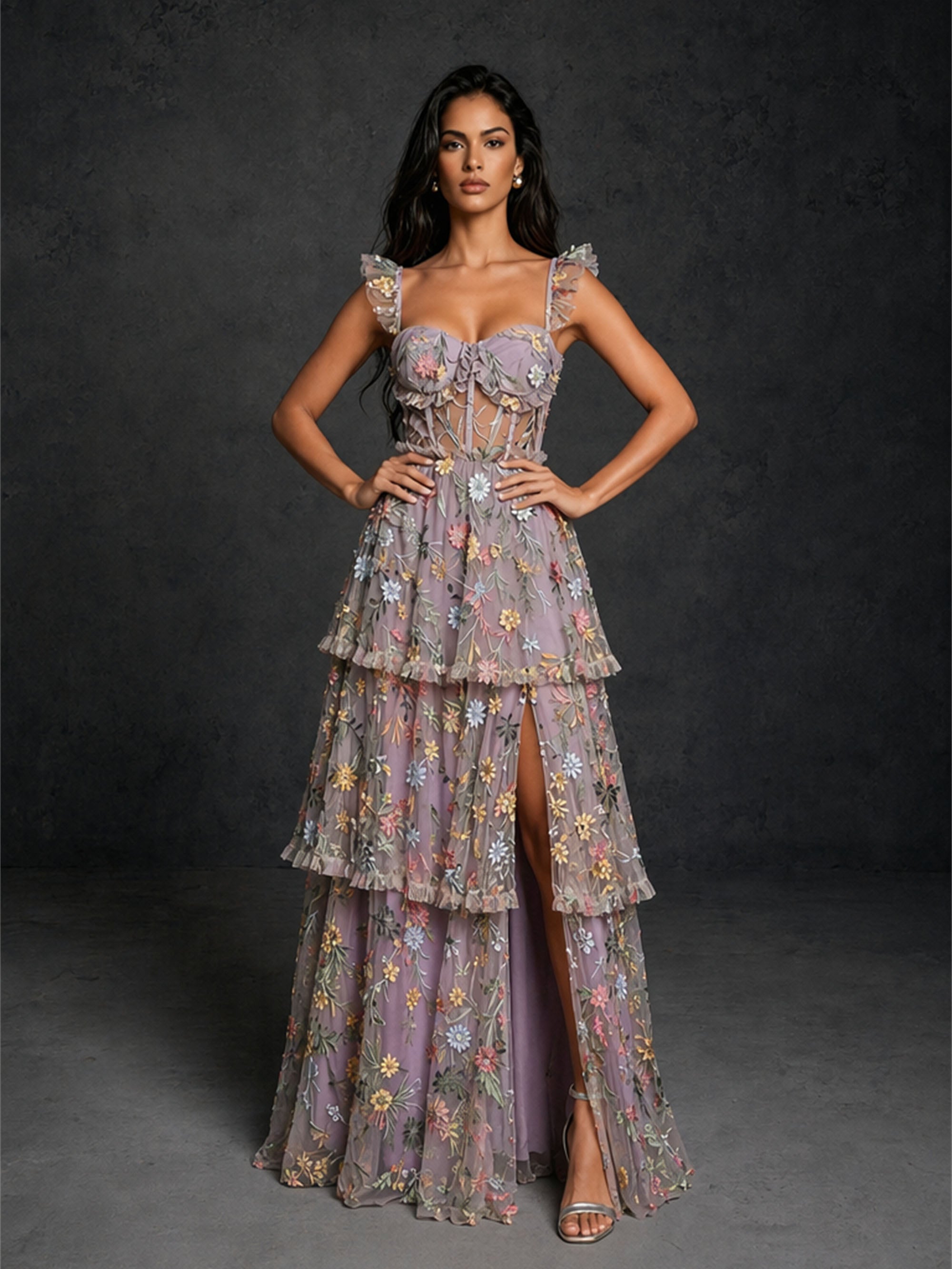 BOLODOO Lavender Floral Embroidered Tulle Tiered Maxi Dress - Front Full Length Hands on Hips View