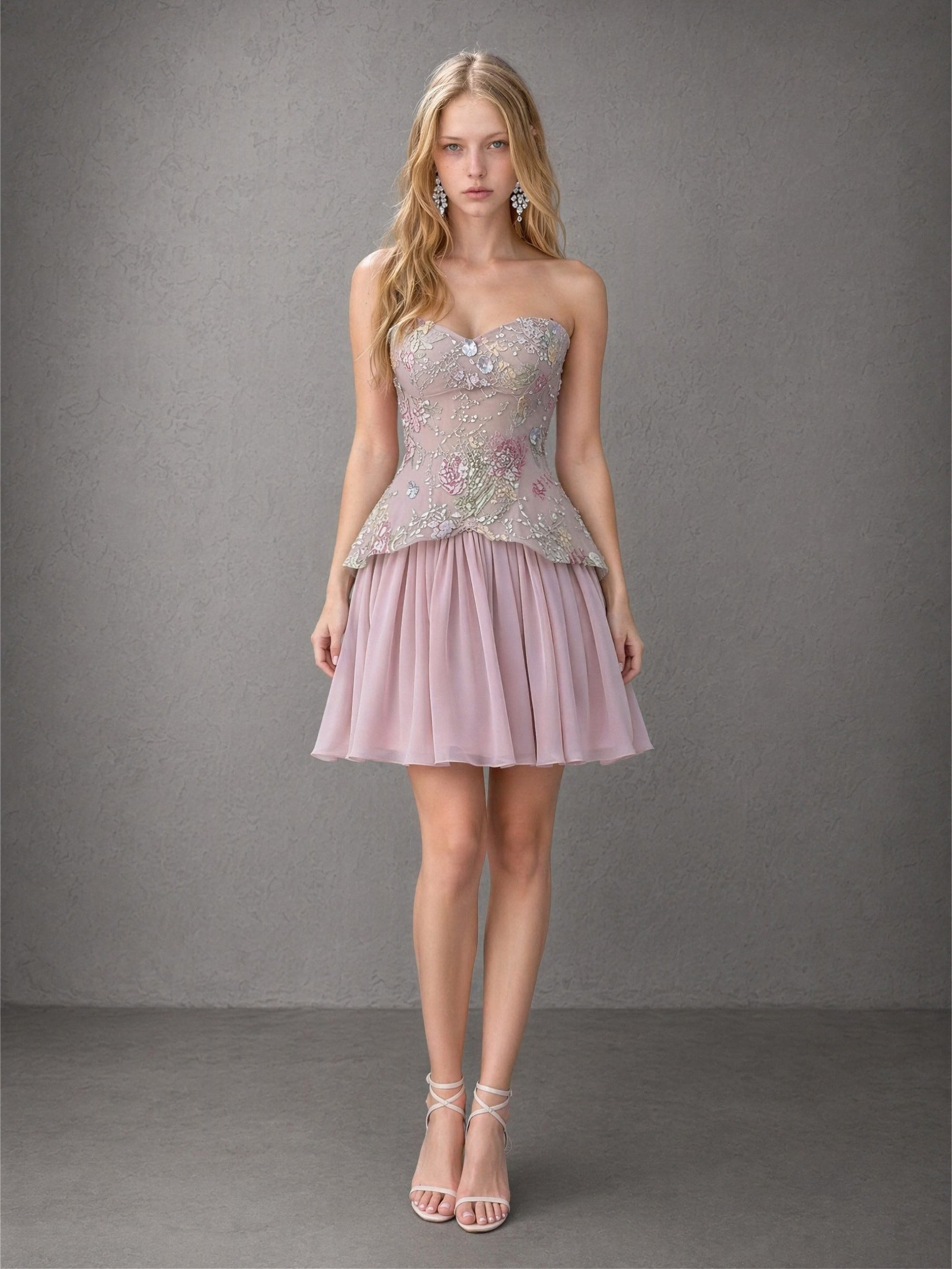 BOLODOO mauve embroidered corset mini dress - front full length view showing pleated skirt detail