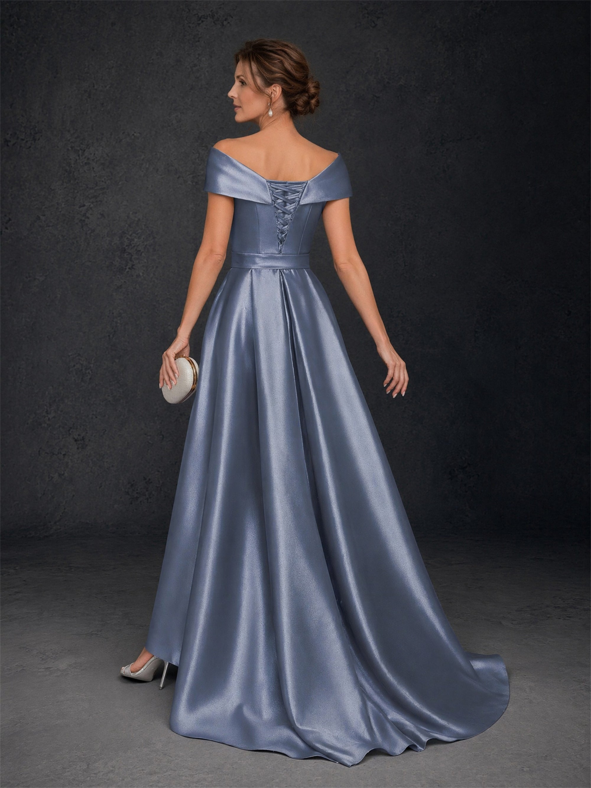 BOLODOO steel blue off-shoulder mermaid gown - back view showing lace-up corset back, sweep train and detachable satin overskirt