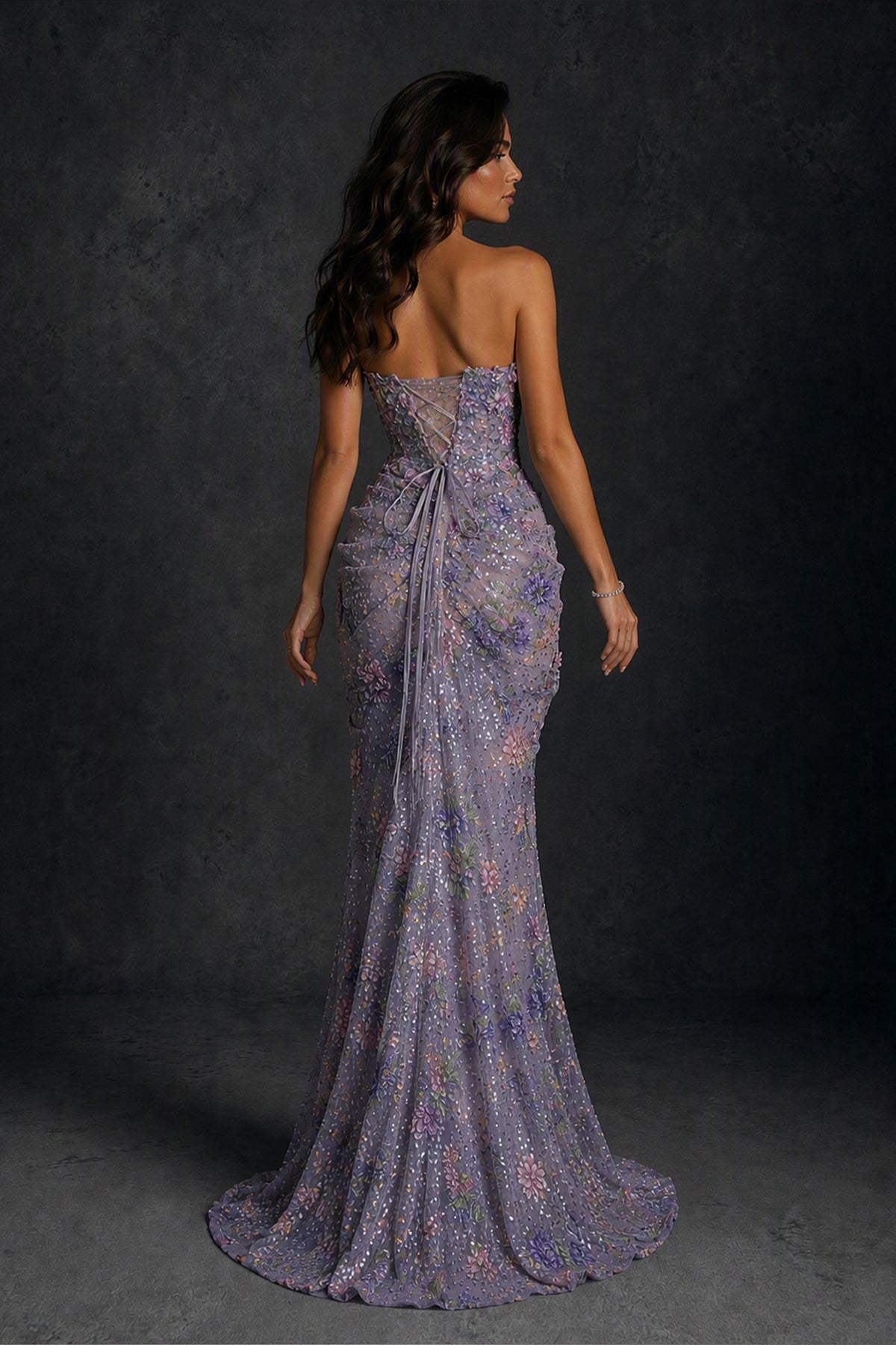 BOLODOO Lavender 3D Floral Sequin Strapless Mermaid Evening Gown with Sweep Train 