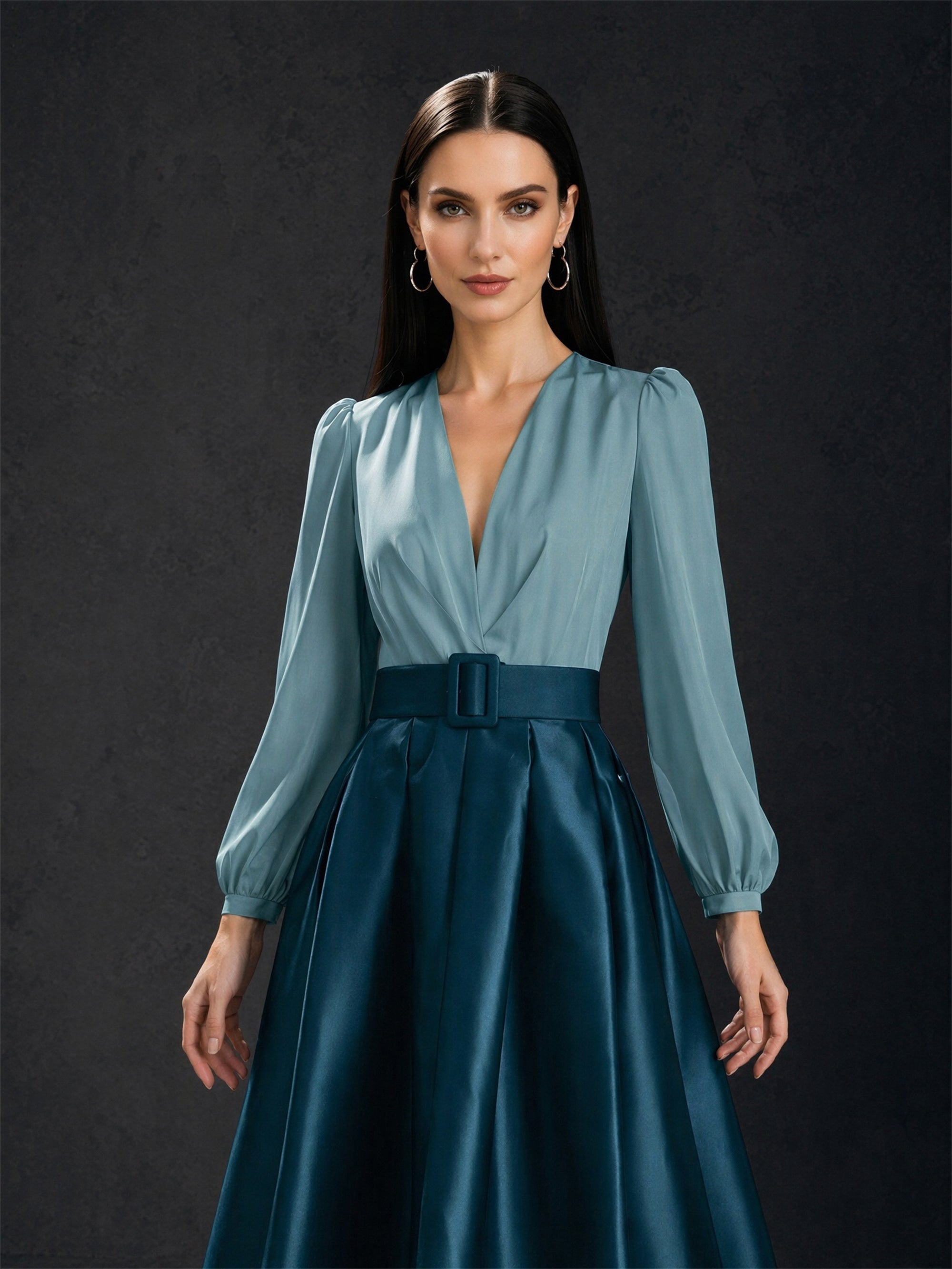 BOLODOO Two-Tone Dusty Blue Teal V-Neck Lantern Sleeve Satin A-Line Gown – Back View Full Length
