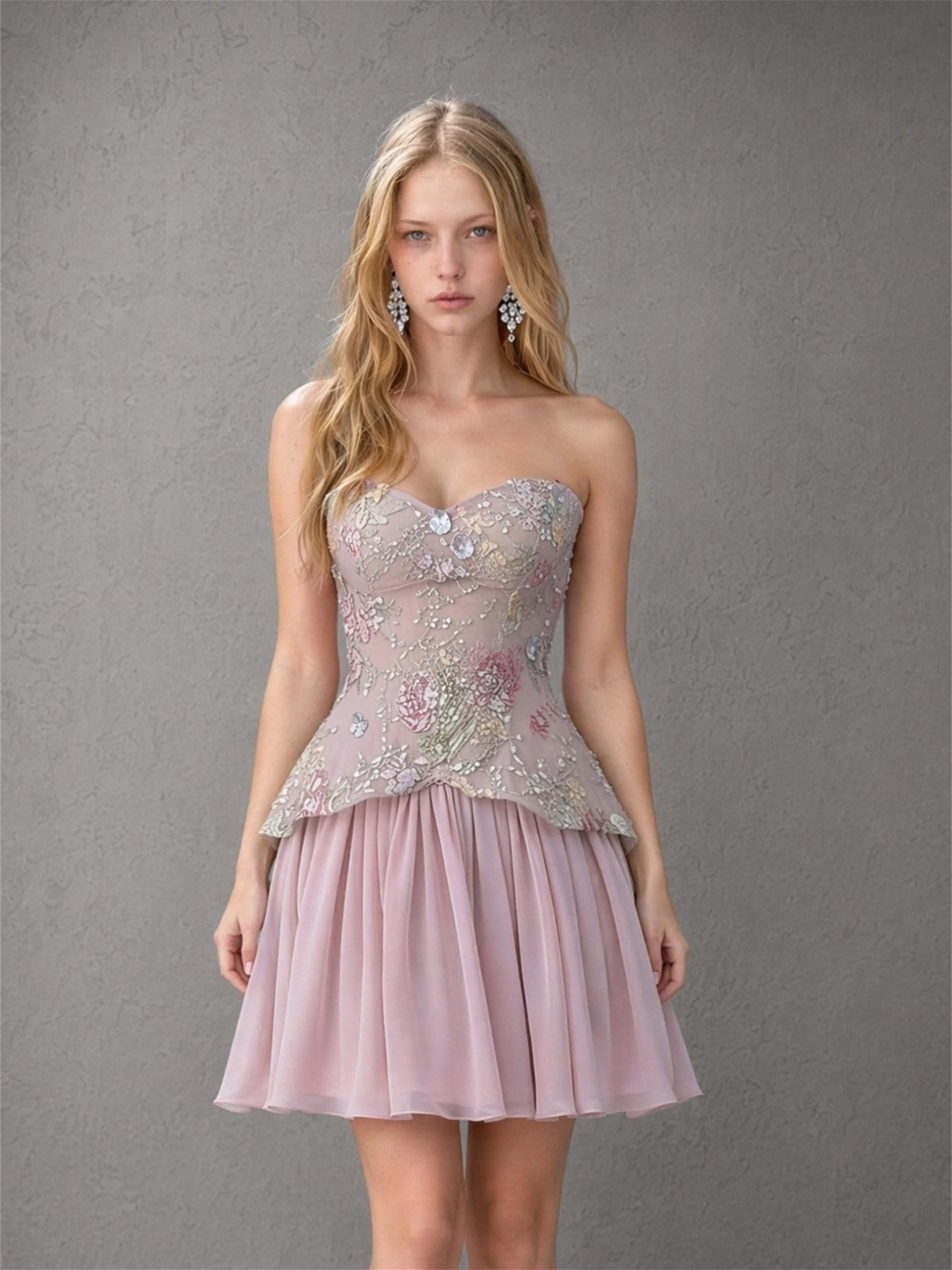 BOLODOO mauve embroidered corset mini dress - close-up of floral embroidery sequin and beading detail on bodice