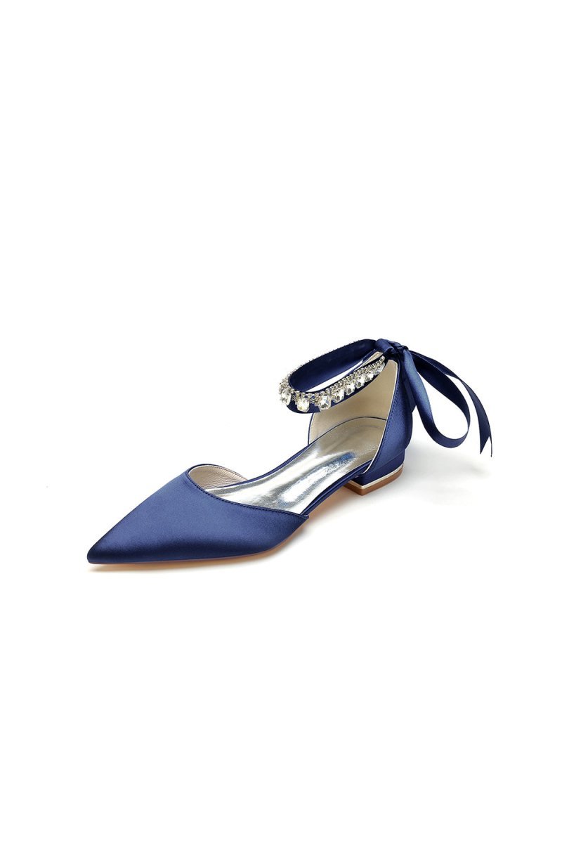 Rhinestone Ribbon Pointed Toe Ankle Strap Kitten Heels - BOLODOO
