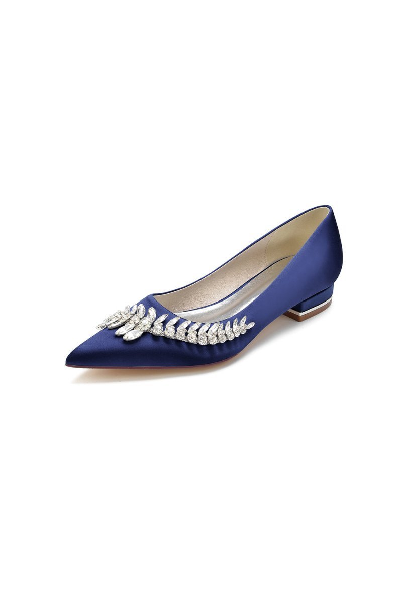 Satin Pointed Toe Beading Kitten Heels - BOLODOO