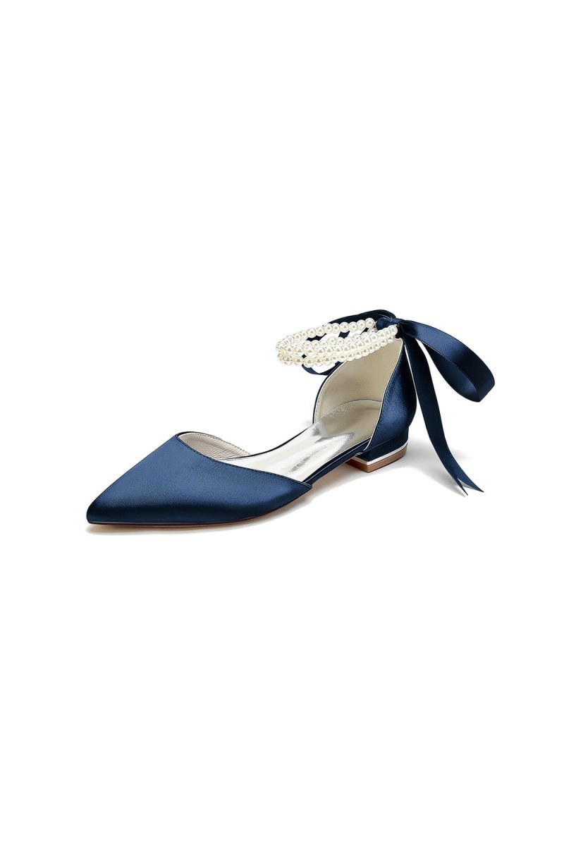 Pointed Toe Pearl Ribbon Ankle Strap Kitten Heels - BOLODOO