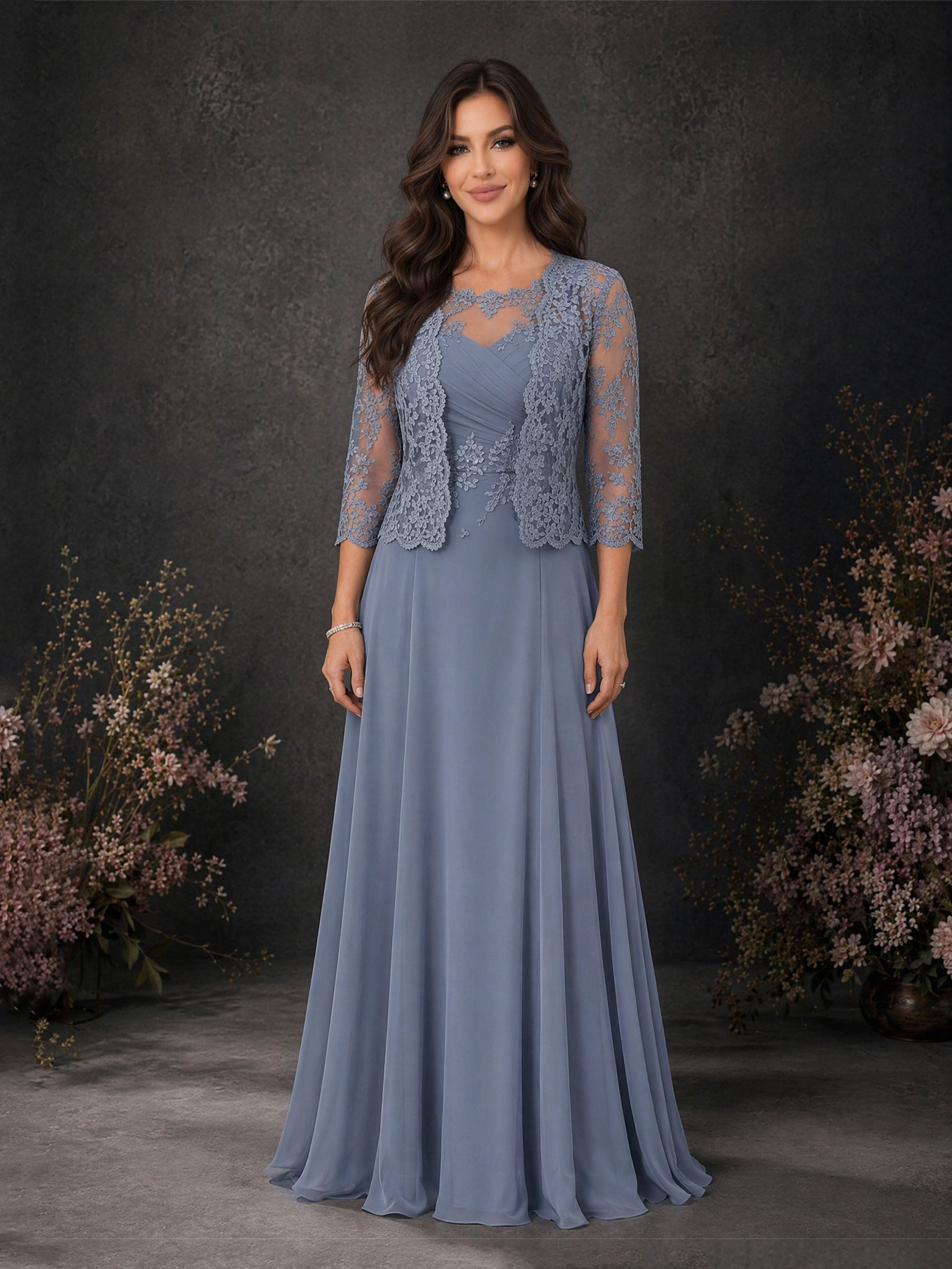 BOLODOO Steel Blue Chiffon Lace Jacket 2-Piece Formal Gown - Front Full Length View