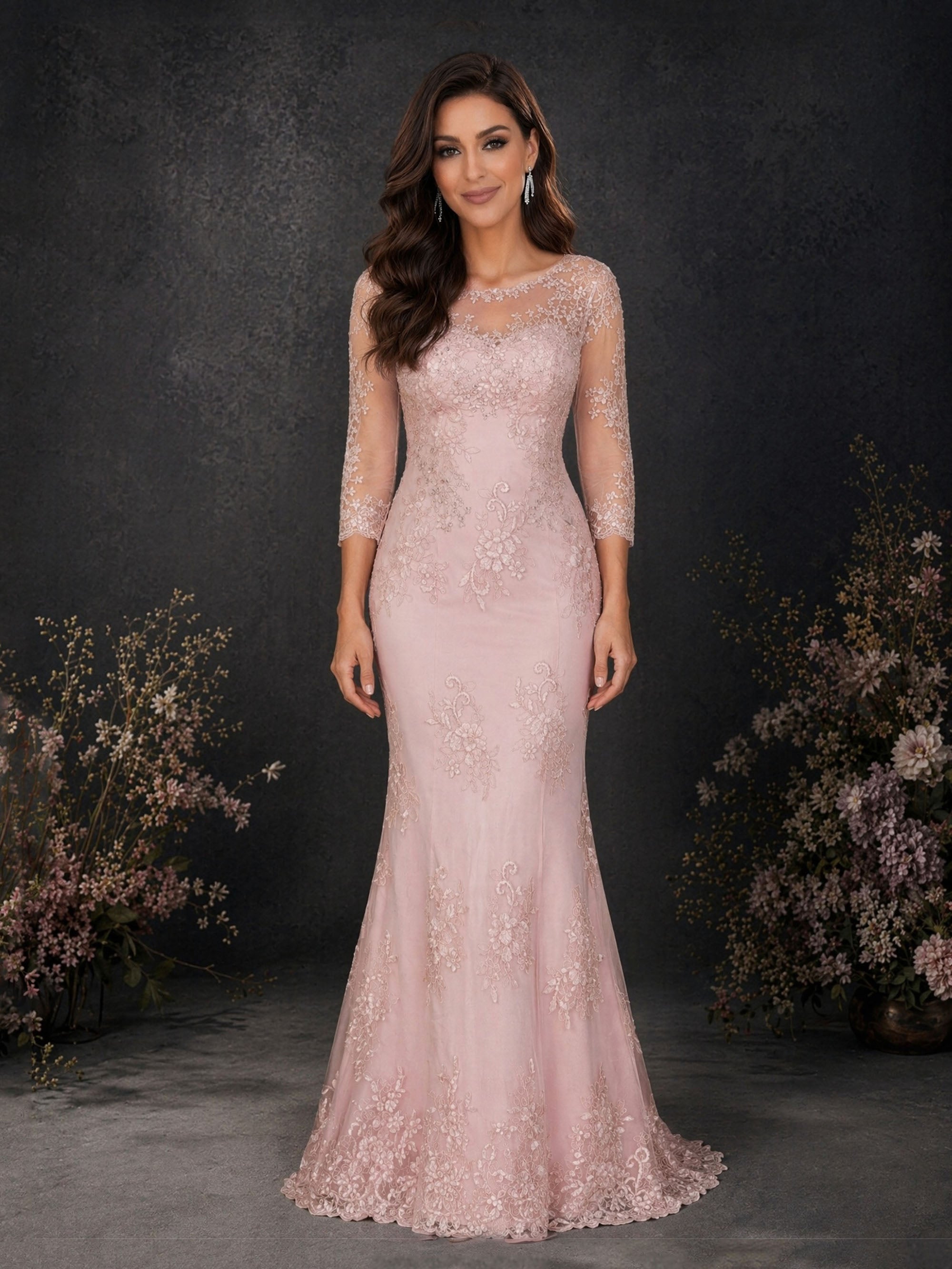 BOLODOO Blush Pink Lace Mermaid Formal Gown - Back View Showing Illusion Lace Back and Sweep Train