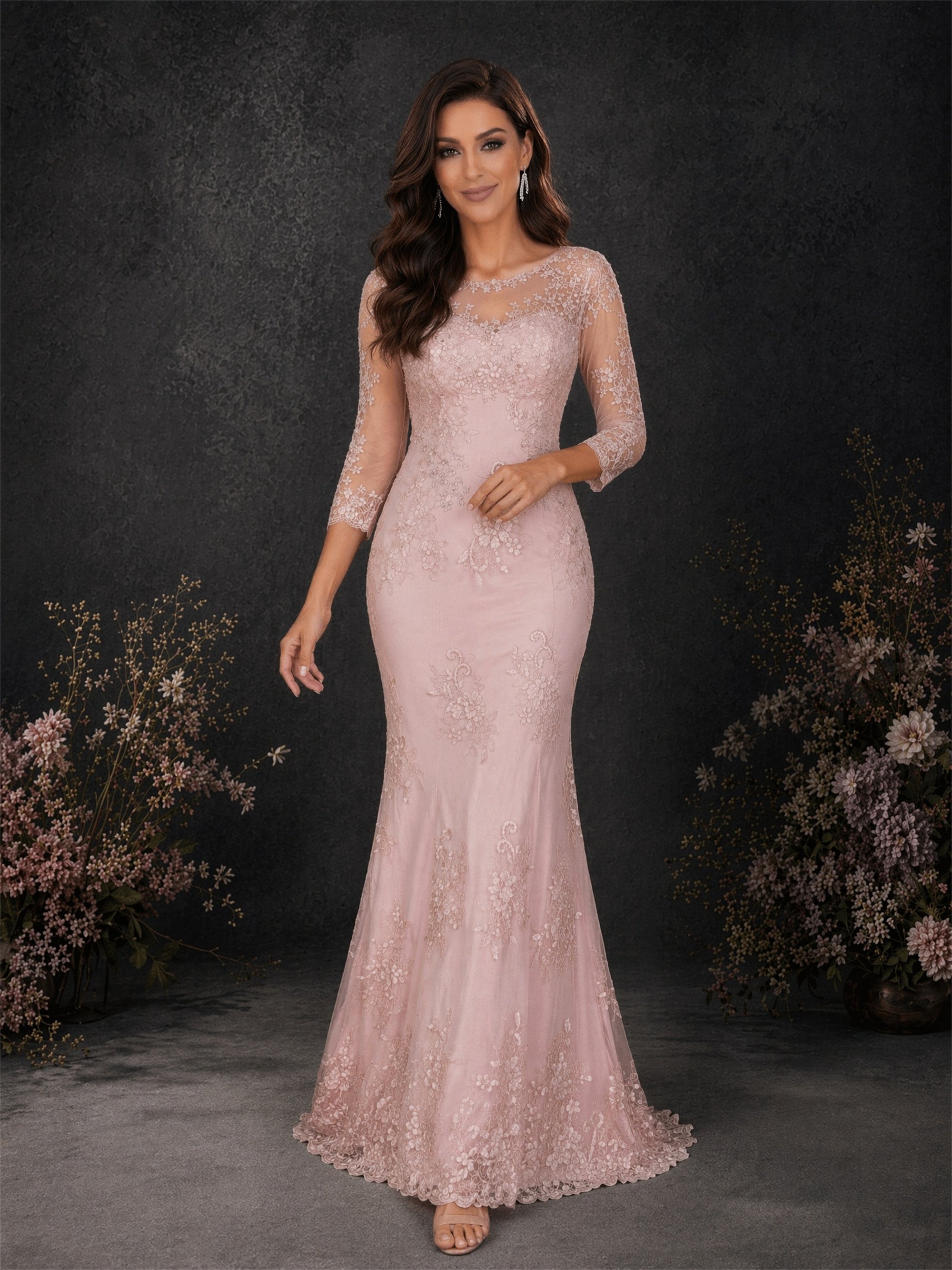BOLODOO Blush Pink Lace Mermaid Formal Gown - Front Full Length Smiling View