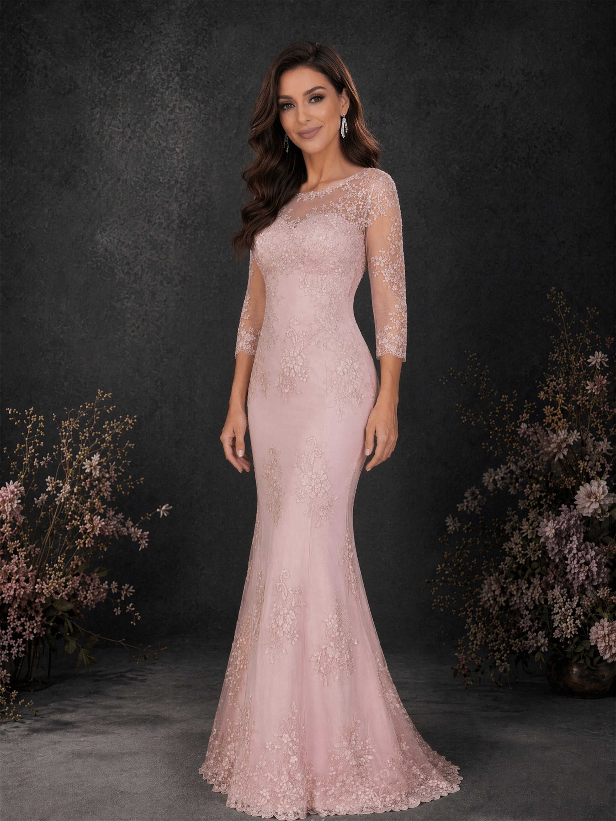 BOLODOO Blush Pink Lace Mermaid Formal Gown - Front Three-Quarter View