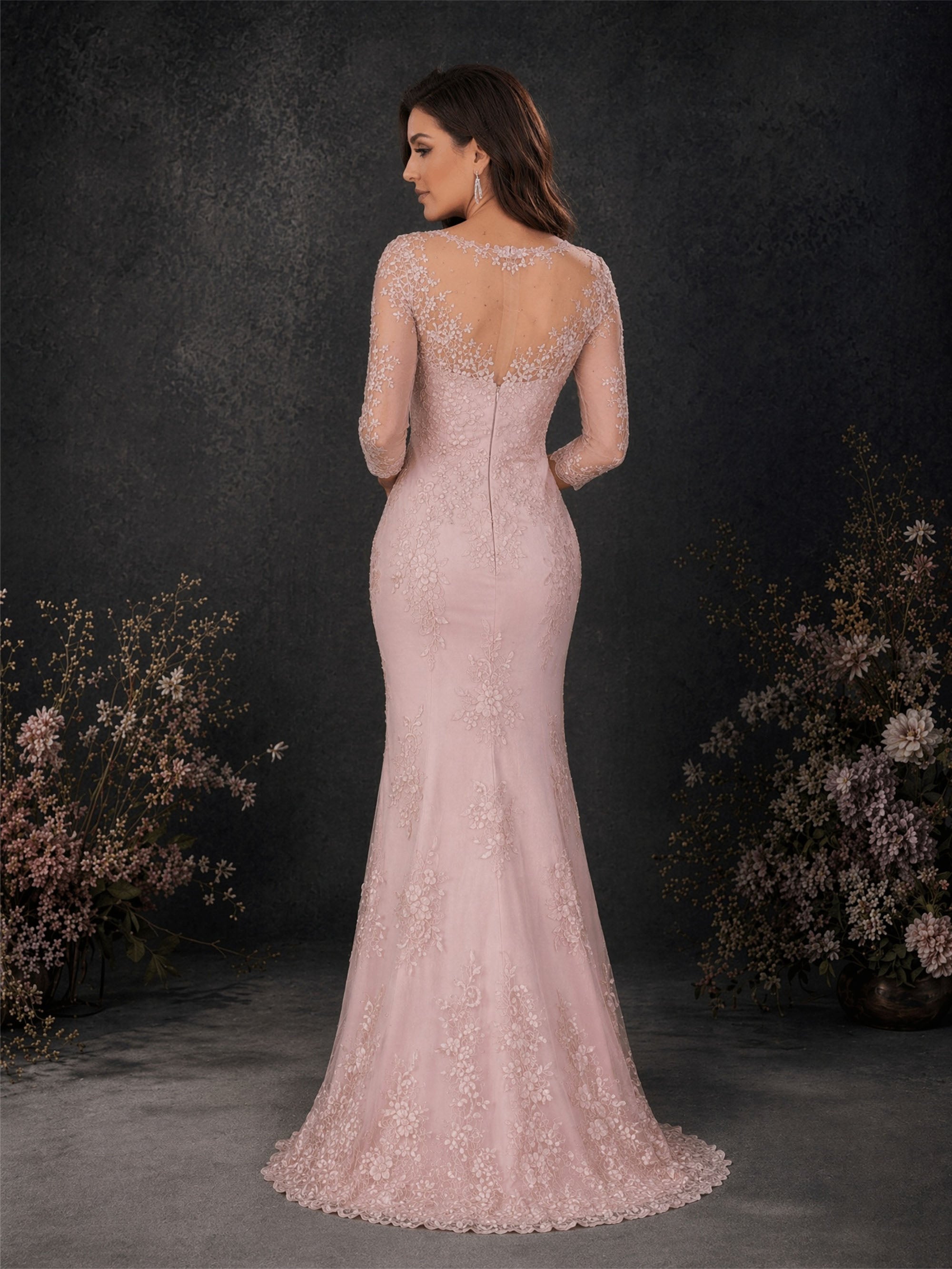 BOLODOO Blush Pink Lace Mermaid Formal Gown - Front Standing Full Length View