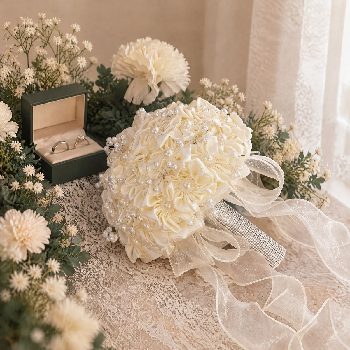 BOLODOO ivory bridal bouquet styled on lace beside a ring box and wedding flowers