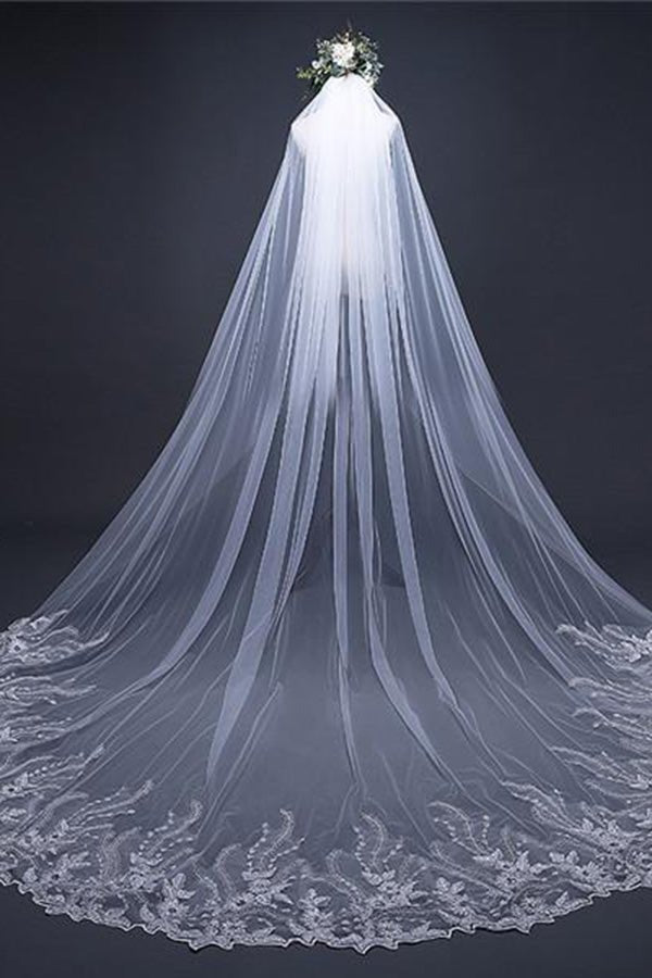 Vintage Long Tulle With Appliques Wedding Veil - BOLODOO