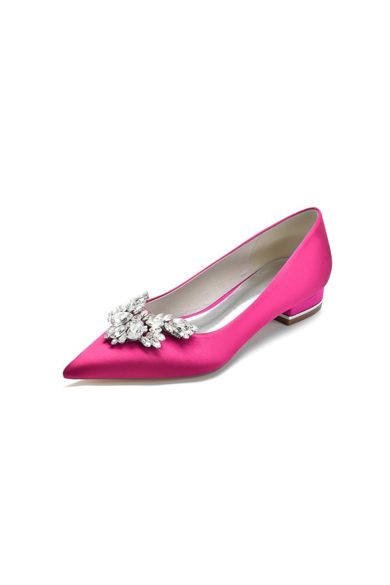 Satin Pointed Toe Rhinestone Kitten Heels - BOLODOO