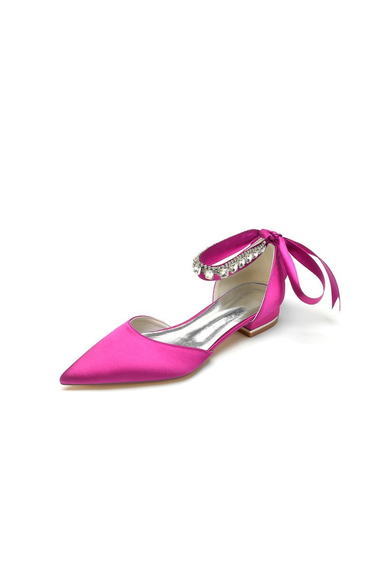 Rhinestone Ribbon Pointed Toe Ankle Strap Kitten Heels - BOLODOO