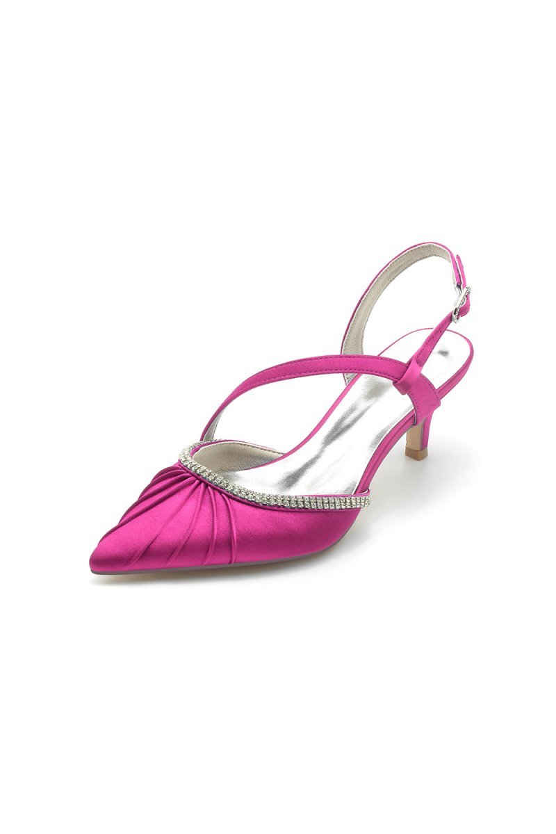 Satin Pointed Toe Slingback Heels with Rhinestone - BOLODOO