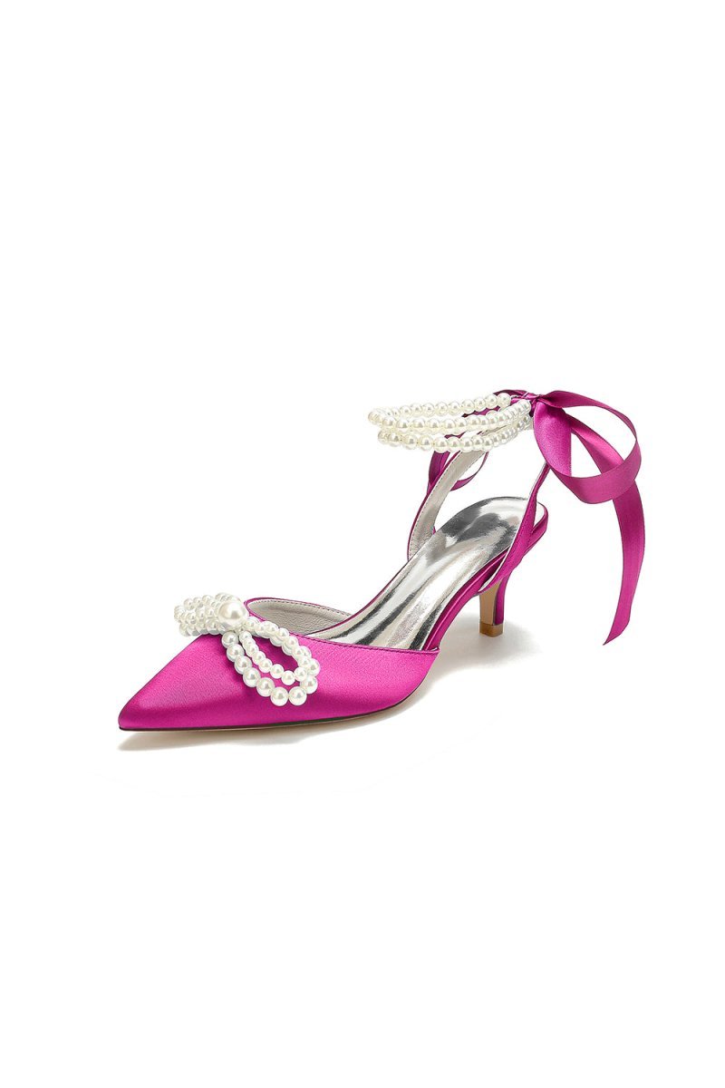 Pearl Ribbon Pointed Toe Ankle Strap High Heels - BOLODOO