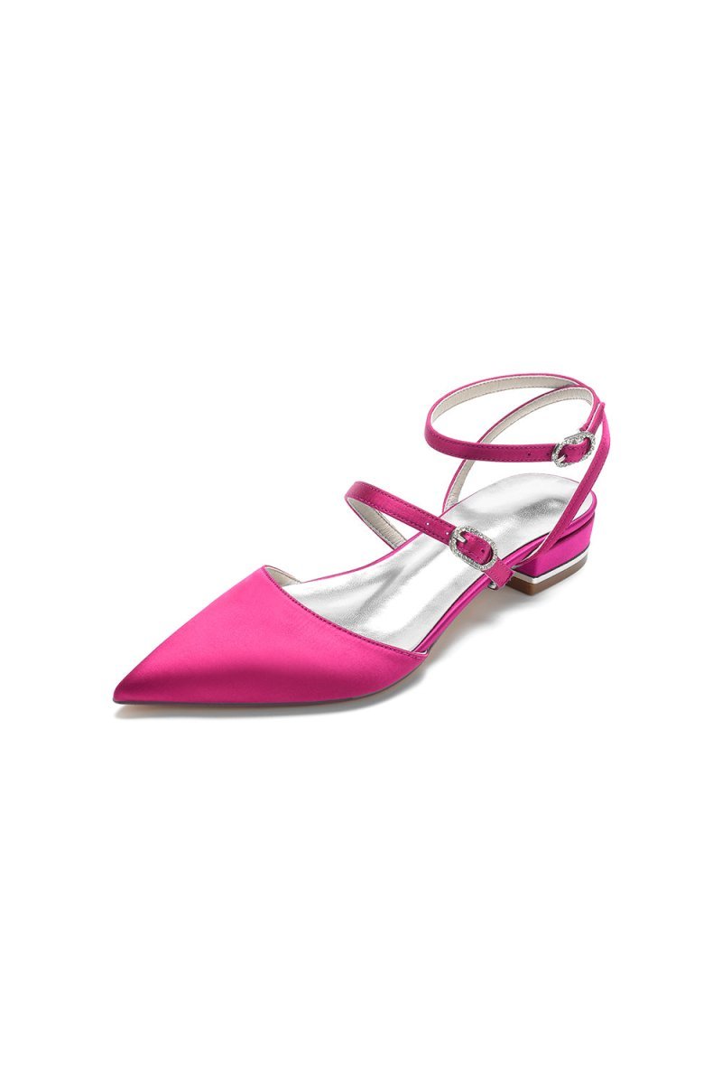 Simple Satin Pointed Toe Buckle Kitten Heels - BOLODOO