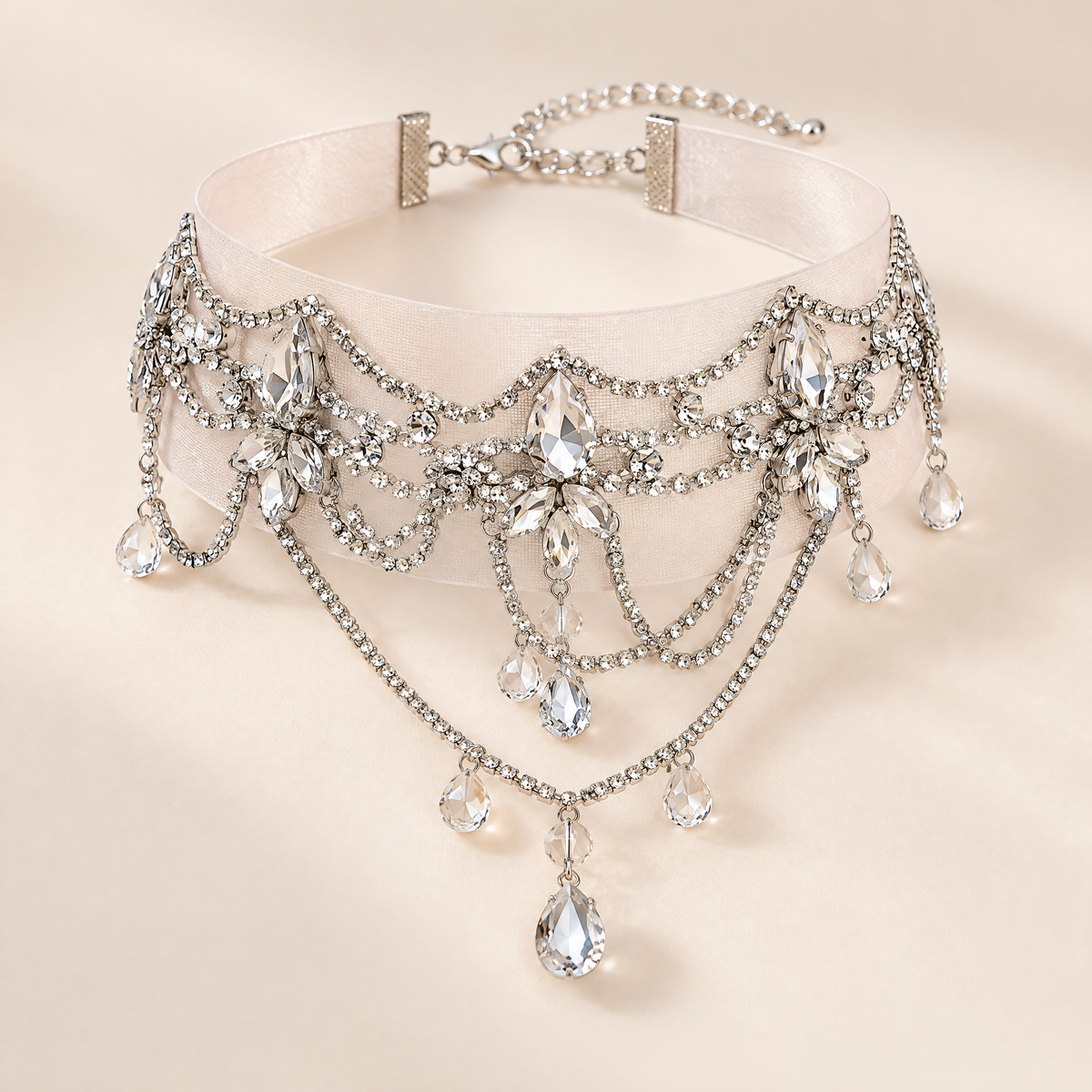 BOLODOO bridal choker necklace with silver-tone chains and clear teardrop pendants, full front view
