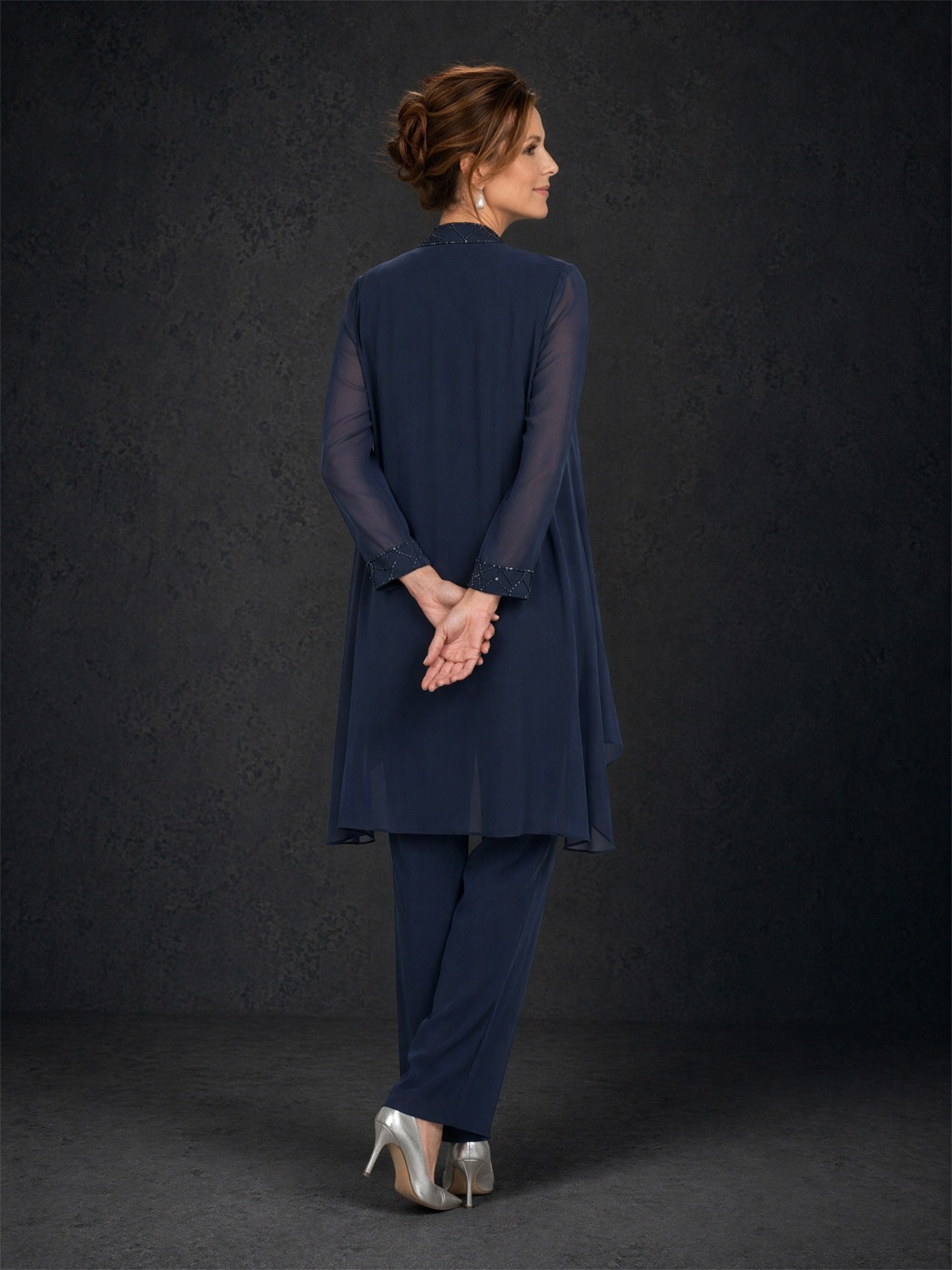 BOLODOO navy blue 3-piece beaded chiffon duster jacket pant suit - front walking view showing open-front longline chiffon jacket, beaded top and straight-leg pants
