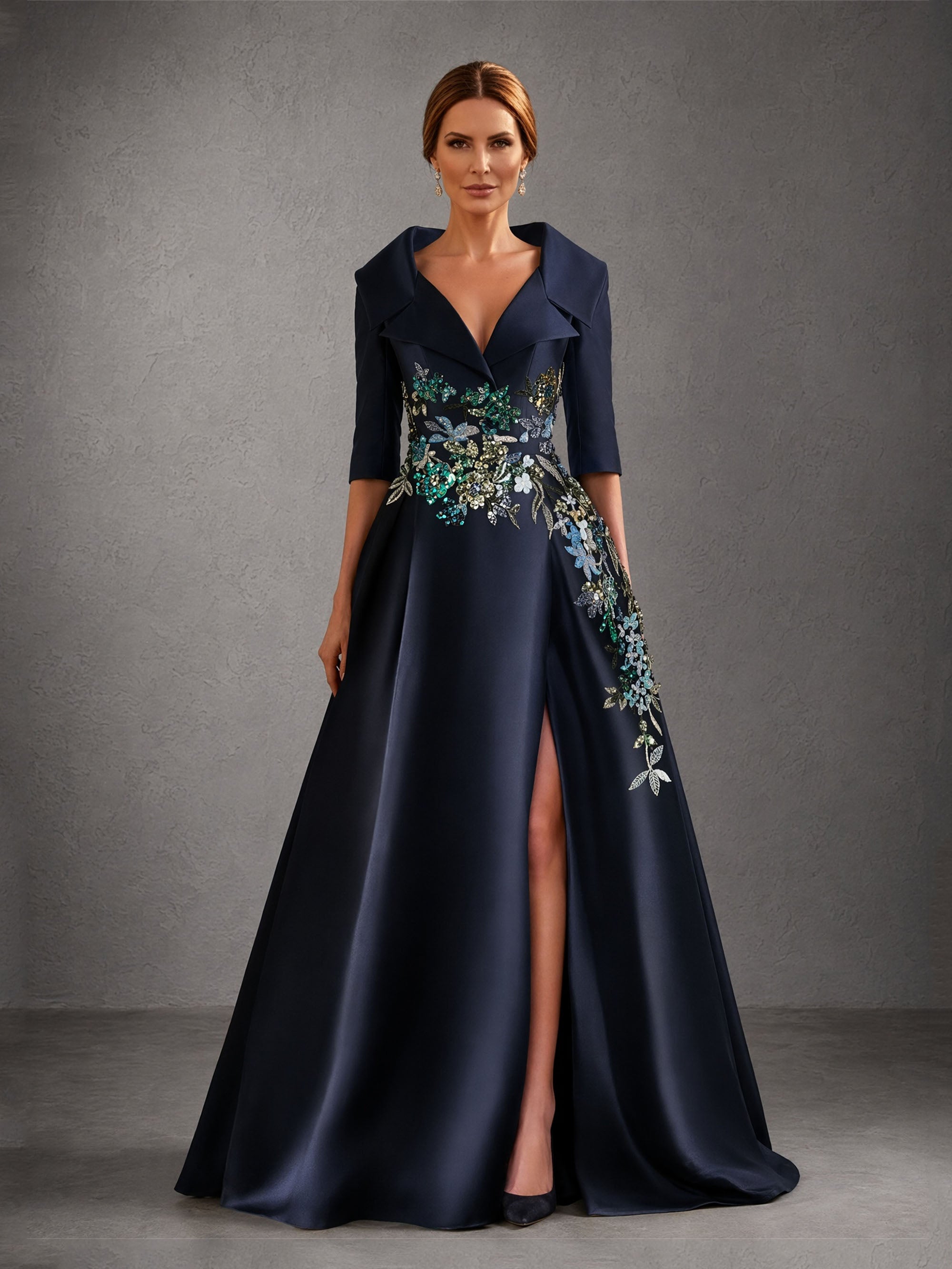 BOLODOO Navy Blue Lapel Collar 3/4 Sleeve Sequin Embroidered Satin A-Line Gown – Front View Upper Body Close-Up