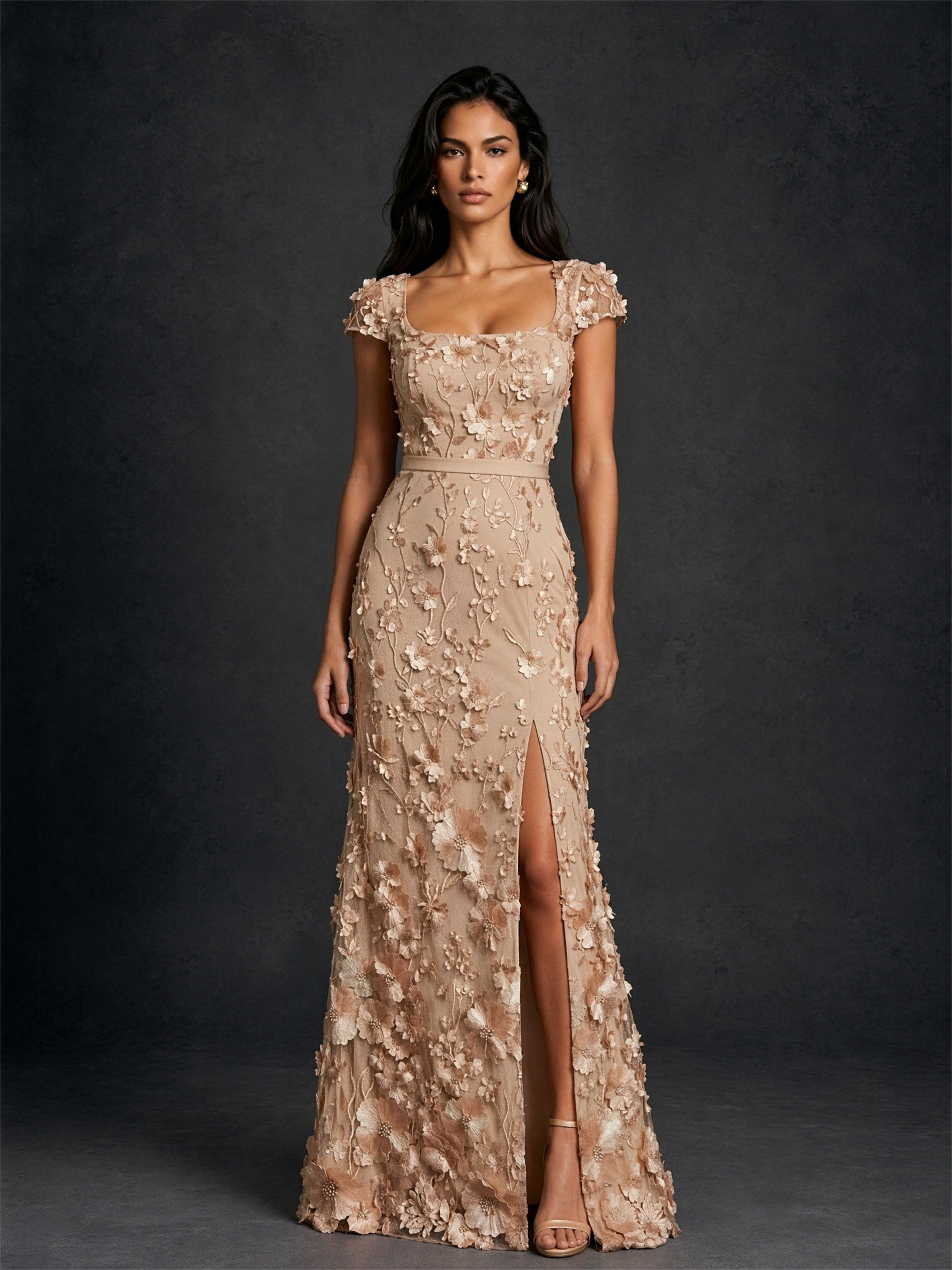 BOLODOO Champagne Gold 3D Floral Square Neck Cap Sleeve Mermaid Maxi Dress - Front Full Length View showing Front Slit