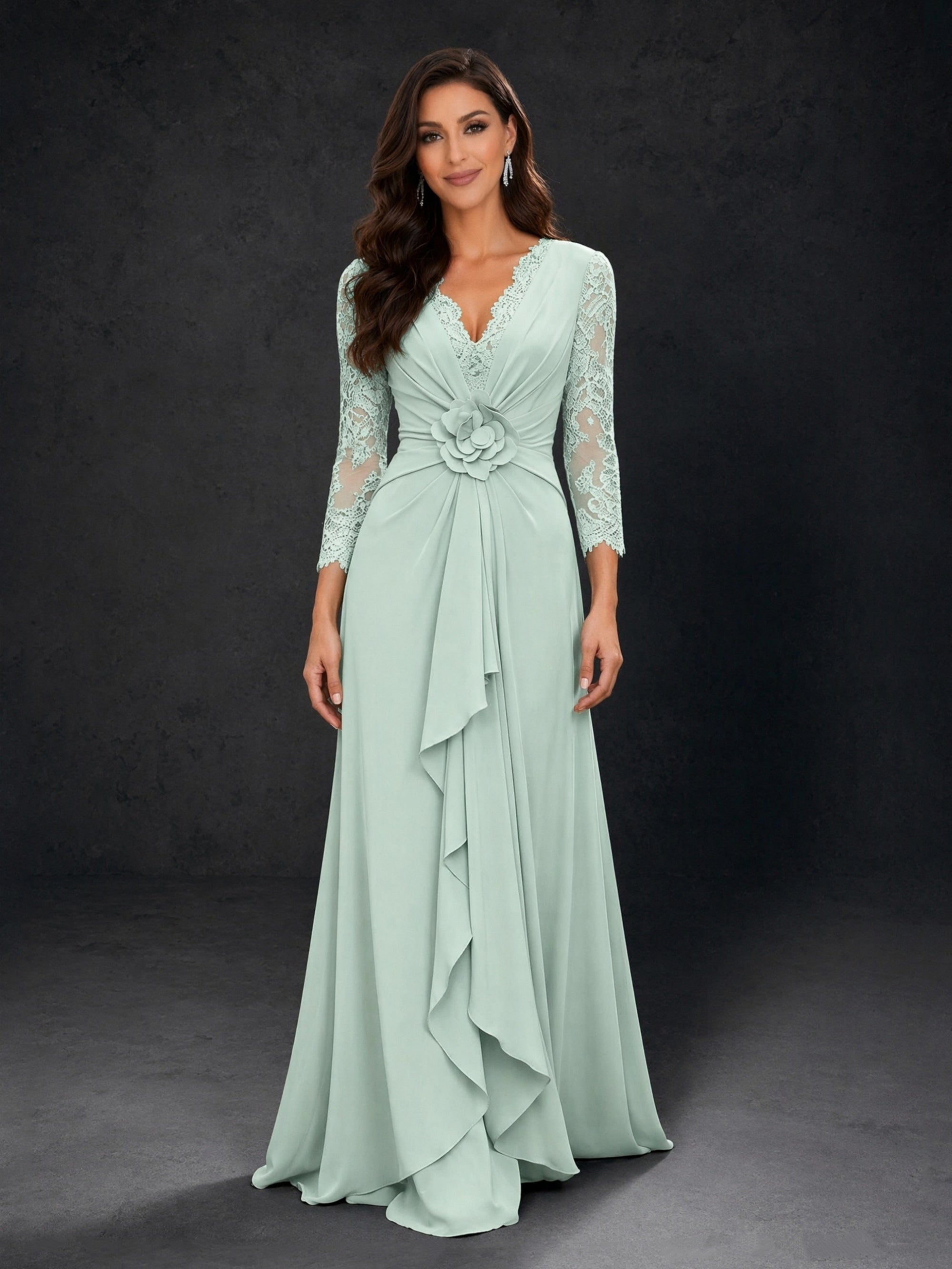 BOLODOO sage green lace sleeve V-neck floral waist chiffon A-line maxi dress - front full length view