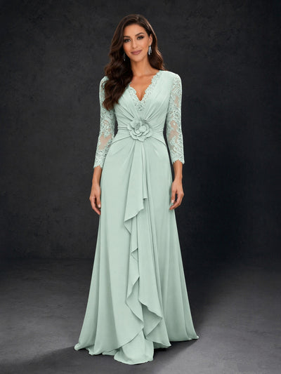 BOLODOO sage green lace sleeve V-neck floral waist chiffon A-line maxi dress - front full length view