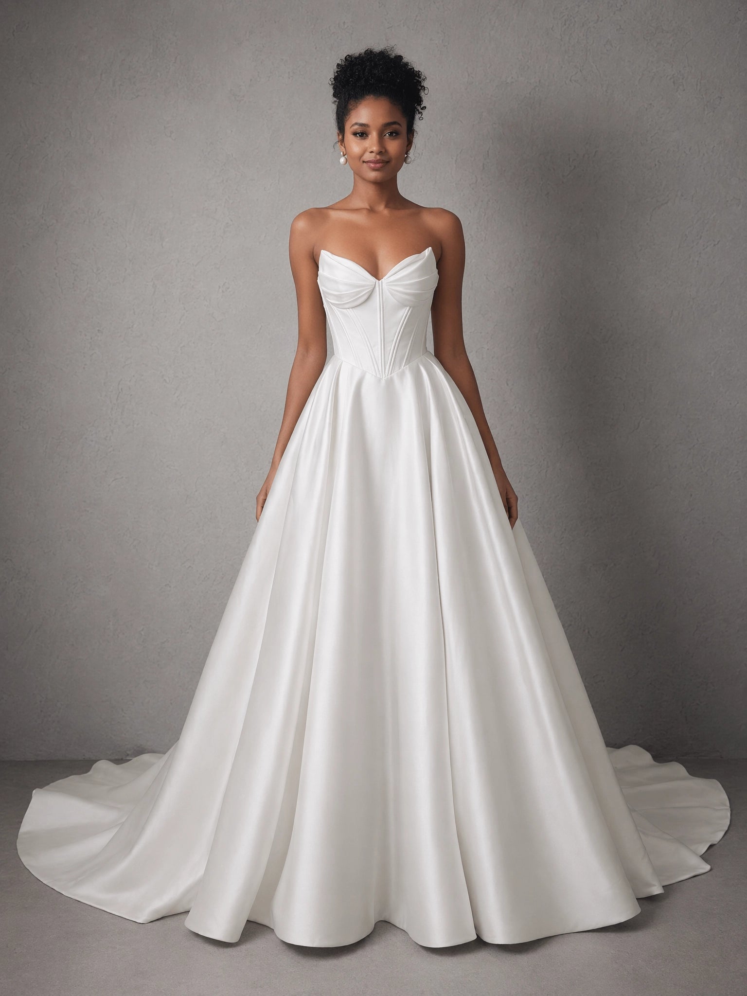 BOLODOO White Strapless Sweetheart Ruched Satin Corset Ballgown Wedding Dress with Train