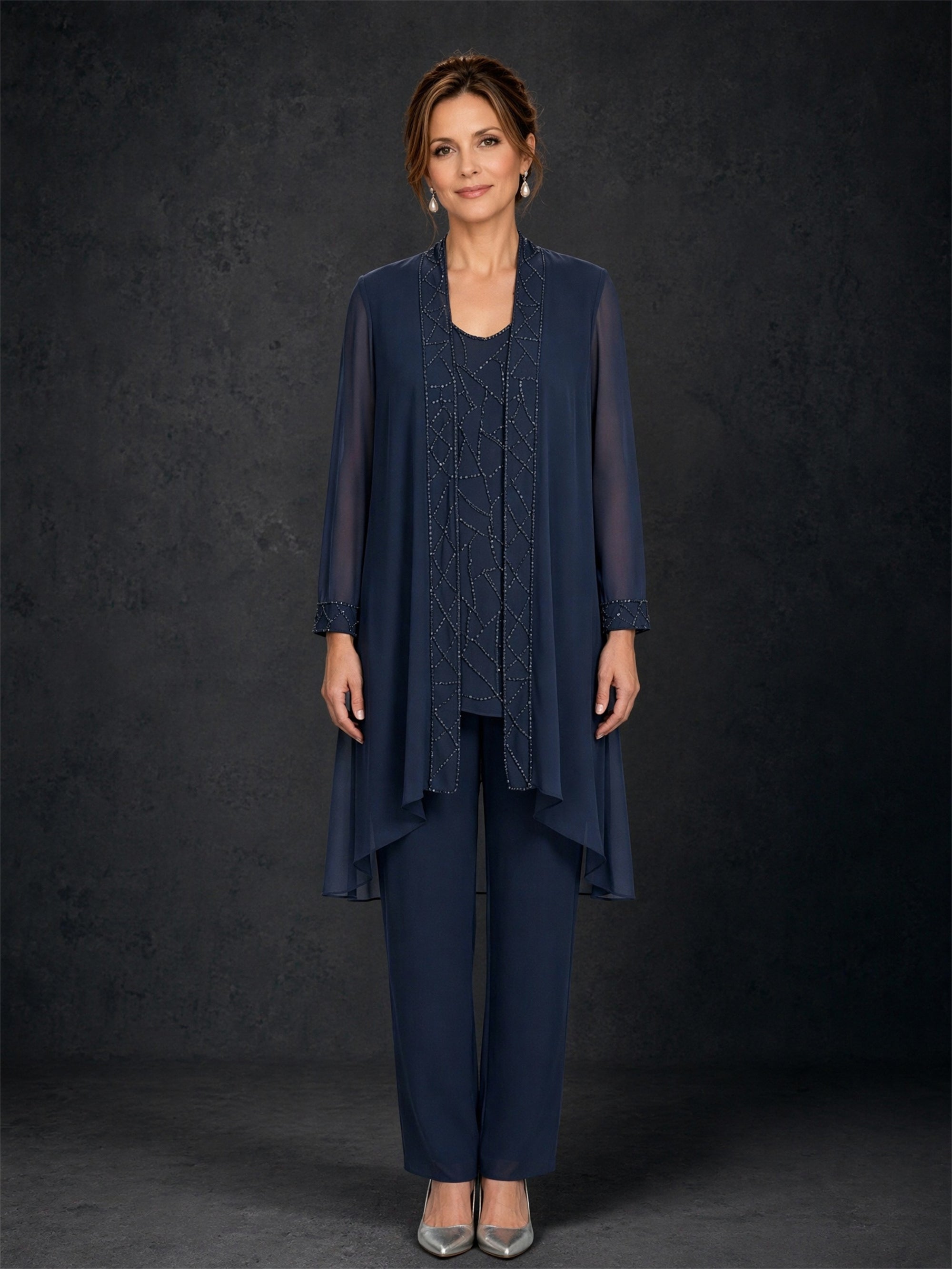 BOLODOO navy blue 3-piece beaded pant suit - front full body standing view showing complete 3-piece ensemble with geometric diamond beading detail