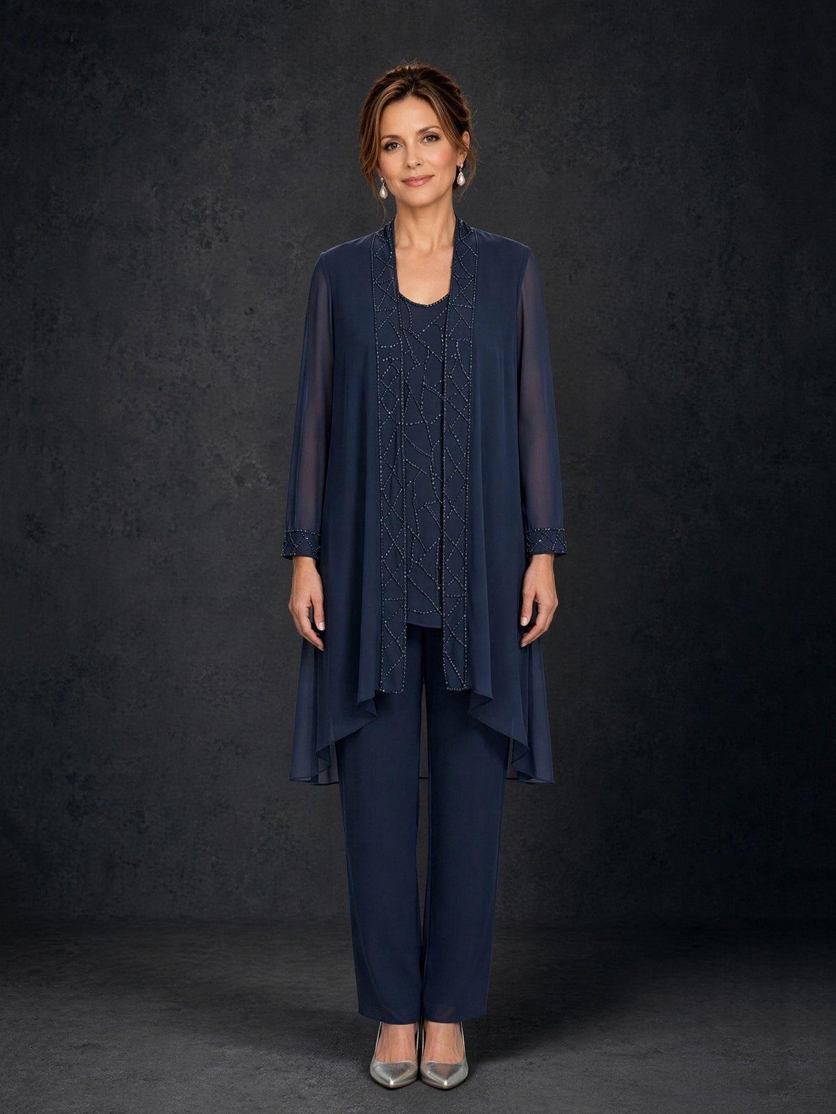 BOLODOO Navy Blue 3-Piece Beaded Chiffon Duster Jacket Pant Suit – Long Sleeve Geometric Beading Mother of the Bride Pan