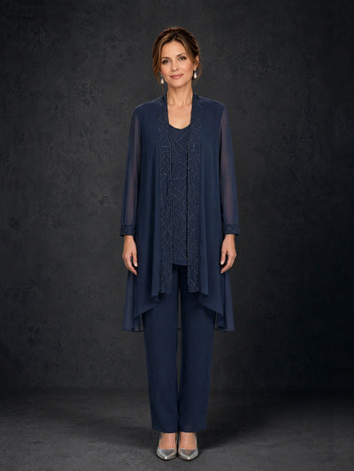 BOLODOO Navy Blue 3-Piece Beaded Chiffon Duster Jacket Pant Suit – Long Sleeve Geometric Beading Mother of the Bride Pan