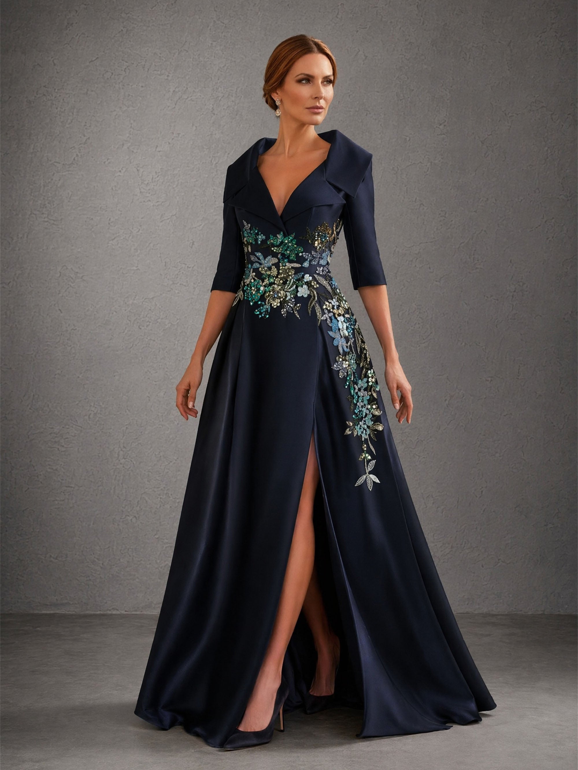 BOLODOO Navy Blue Lapel Collar 3/4 Sleeve Sequin Embroidered Satin A-Line Gown – Front View Full Length