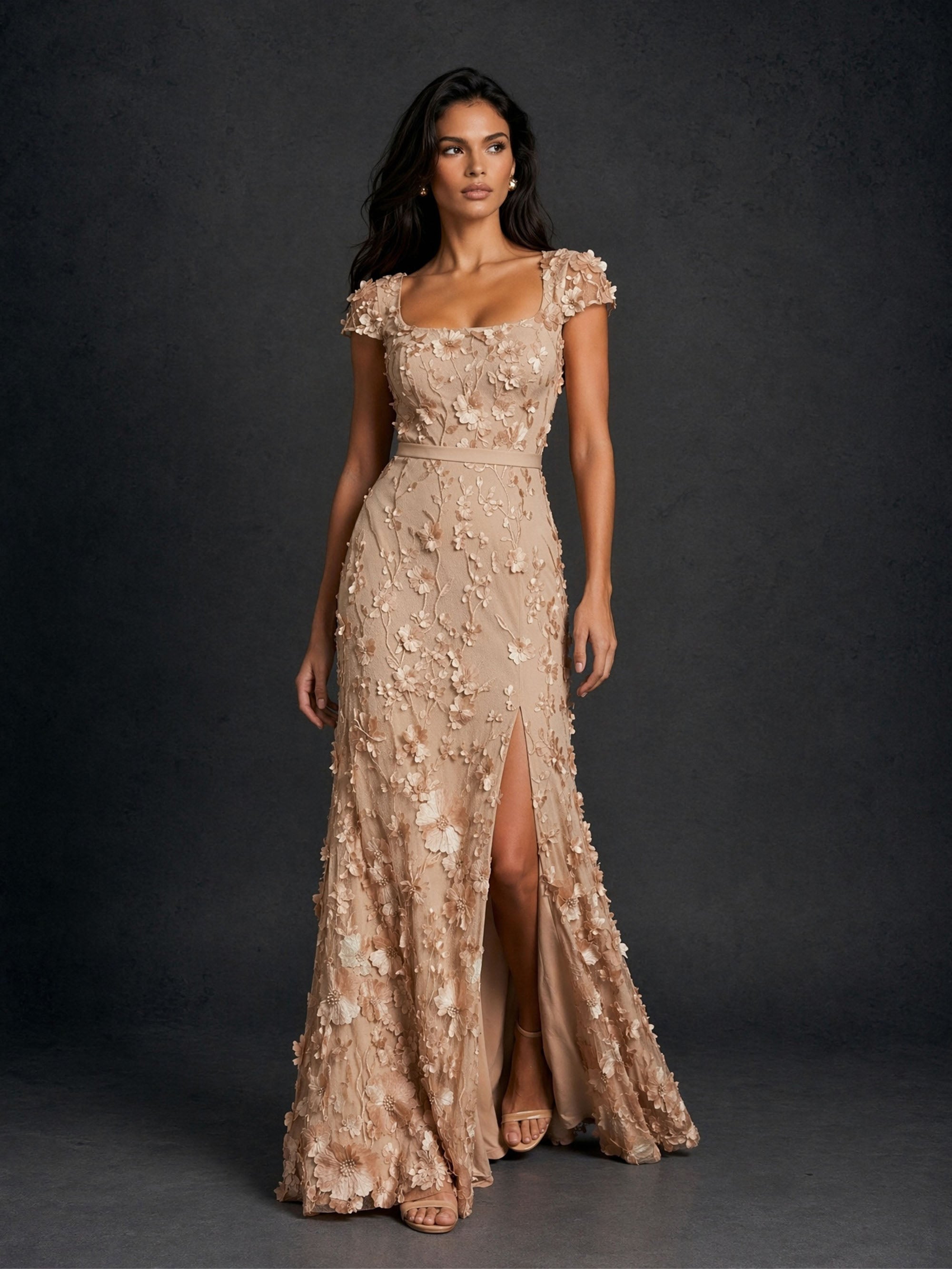 BOLODOO Champagne Gold 3D Floral Square Neck Cap Sleeve Mermaid Maxi Dress - Front Full Length Relaxed Pose