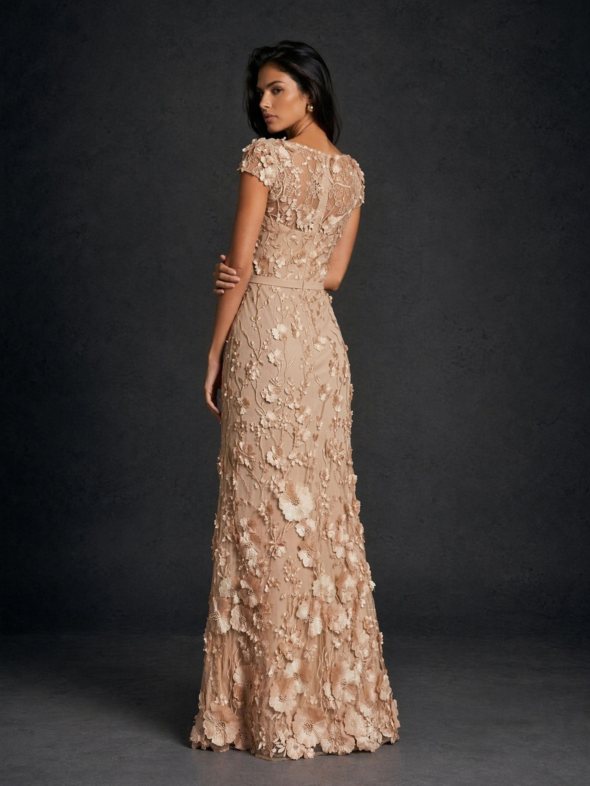 BOLODOO Champagne Gold 3D Floral Square Neck Cap Sleeve Mermaid Maxi Dress - Back View showing Sheer Lace Illusion Back