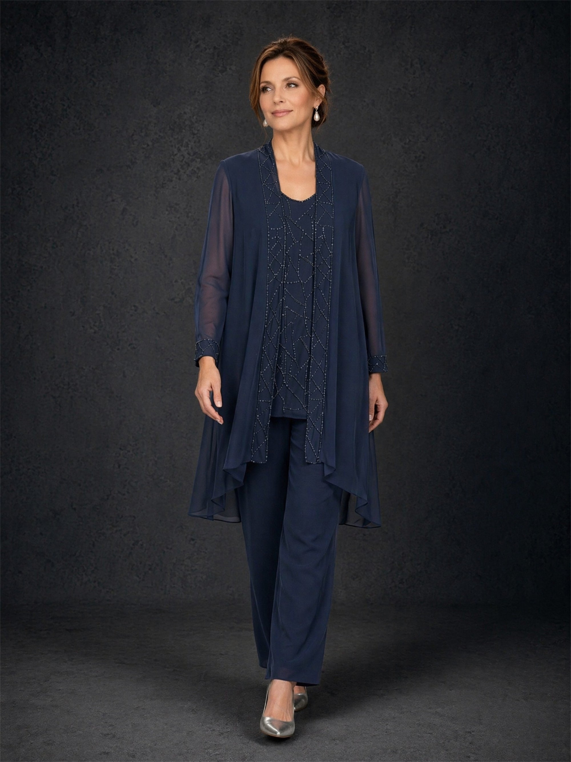 BOLODOO navy blue 3-piece chiffon duster jacket pant suit - back view showing sheer chiffon duster jacket, beaded cuff detail and straight-leg pants