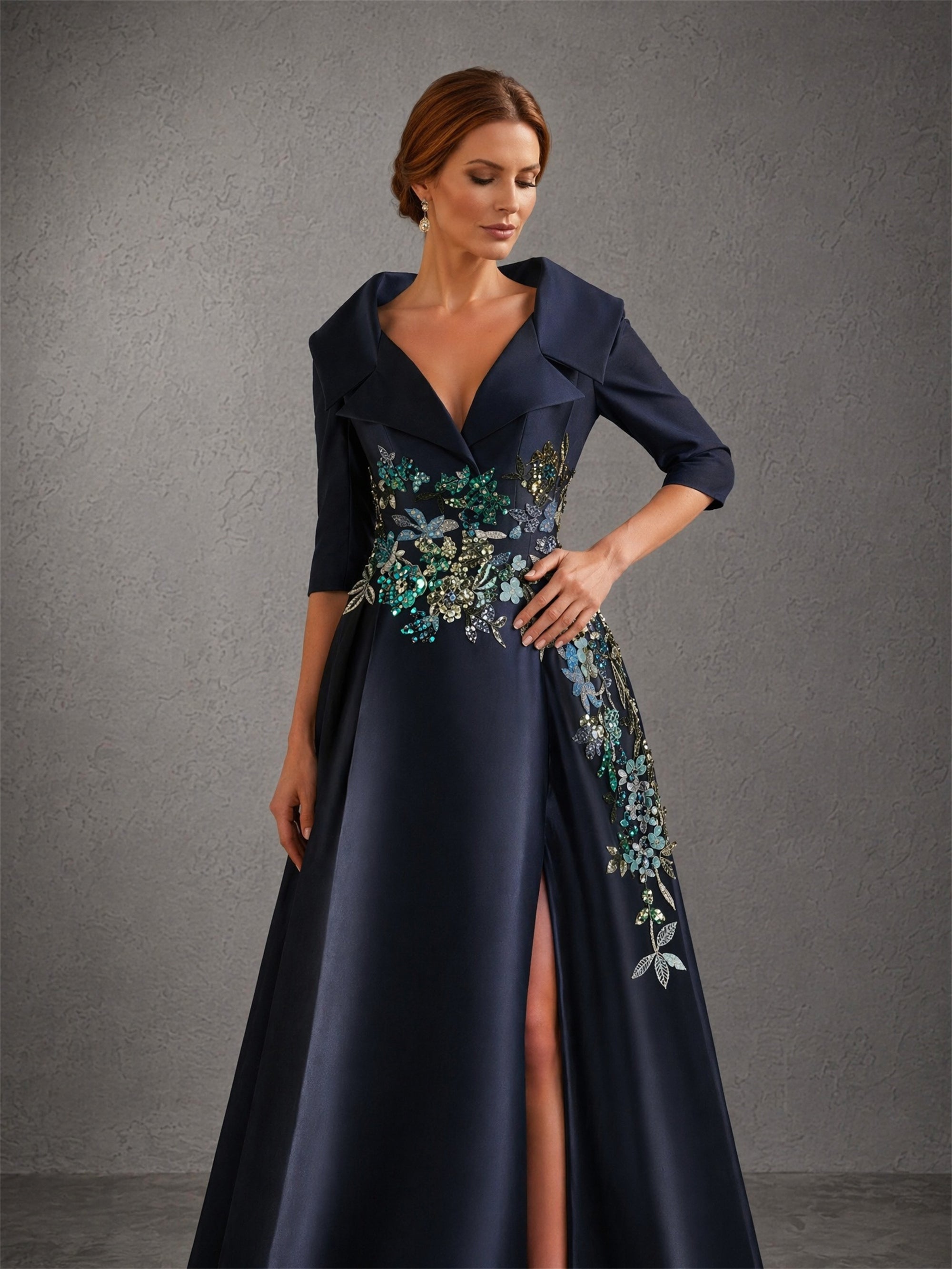 BOLODOO Navy Blue Lapel Collar 3/4 Sleeve Sequin Embroidered Satin A-Line Gown – Back View Full Length