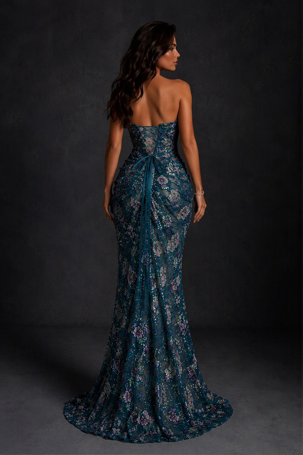 BOLODOO Peacock 3D Floral Sequin Strapless Mermaid Evening Gown with Sweep Train 